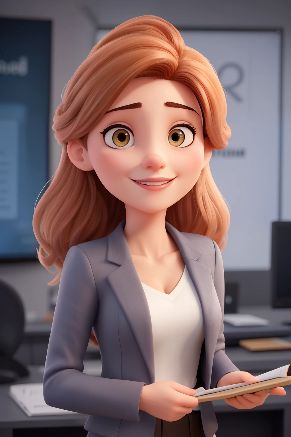Uma mulher de 25 anos, com cabelos pretos , Rosto fino, sorriso encantador, e olhos castanhos escuros, in your technical course company , sign projetos em tech chamada Get ITalent. Ela veste blazer preto