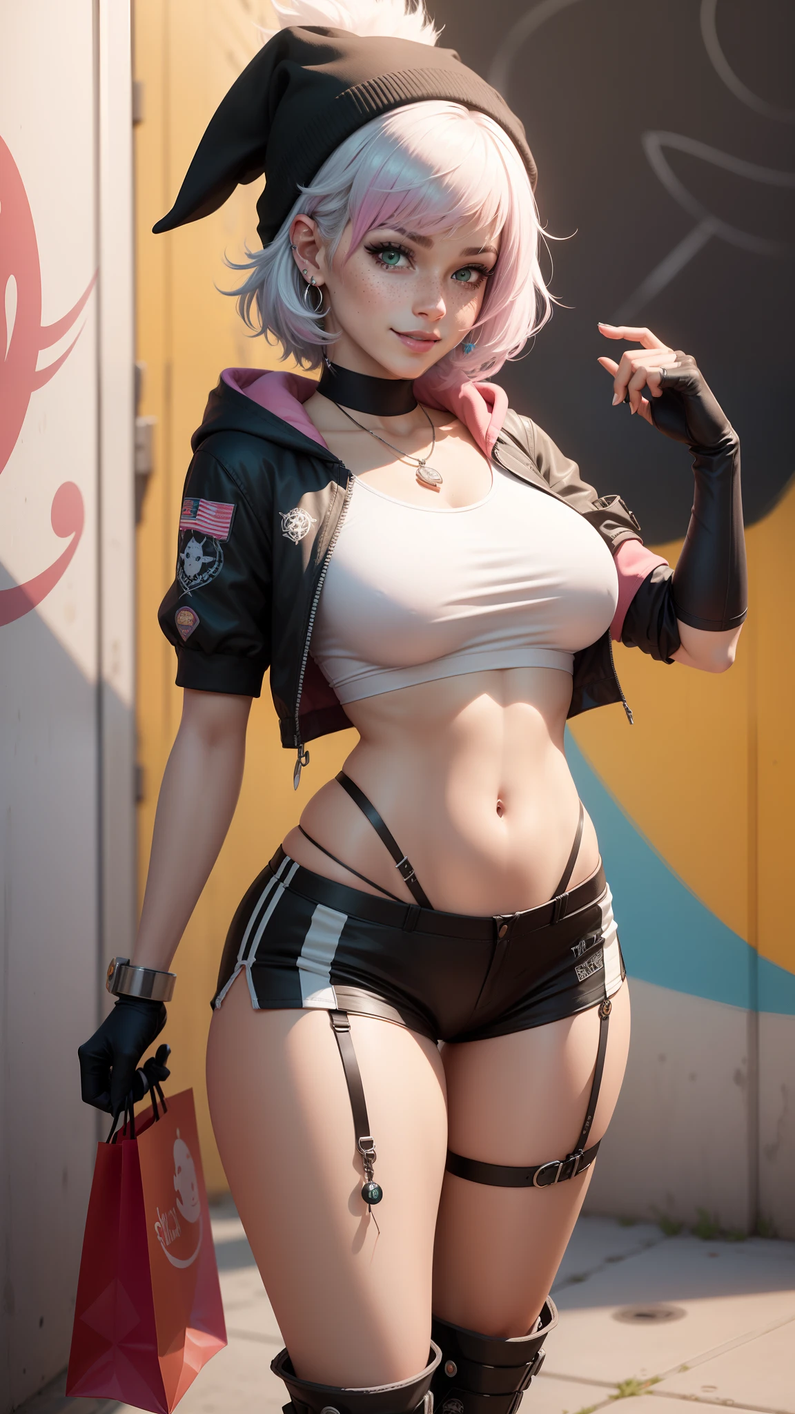 gwen tennyson,tracer,y'shtola rhul,yorha 2b,overwatch,nier automata,mecha pilot,shopping center,tattoos,orange and pink plugsuit,white short sleeve lycra top,white micro cargo shorts,garter belt,uncovered belly,short hair,punk makeup,green eyes,multicolored silver hair,sexy smile,freckles,beautiful girl,large breasts,8k,ultra detailed, realistic,fantasy art,skater uniform,ear piercings,tracker suit,saiyan girl,pink short sleeve sport hoodie,pompom beanie,graffiti wall art,walking,small purse,gothic necklace,underboob,