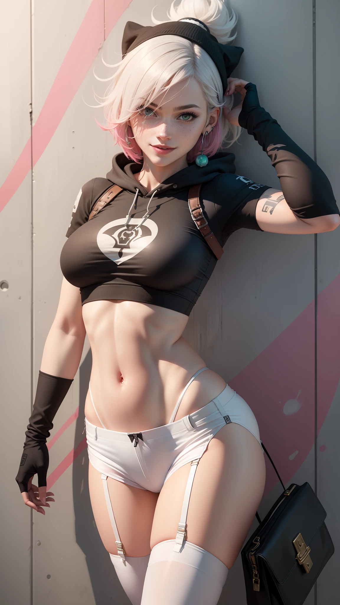gwen tennyson,tracer,y'shtola rhul,yorha 2b,overwatch,nier automata,mecha pilot,shopping center,tattoos,orange and pink plugsuit,white short sleeve lycra top,white micro cargo shorts,garter belt,uncovered belly,short hair,punk makeup,green eyes,multicolored silver hair,sexy smile,freckles,beautiful girl,large breasts,8k,ultra detailed, realistic,fantasy art,skater uniform,ear piercings,tracker suit,saiyan girl,pink short sleeve sport hoodie,pompom beanie,graffiti wall art,walking,small purse,gothic necklace,underboob,