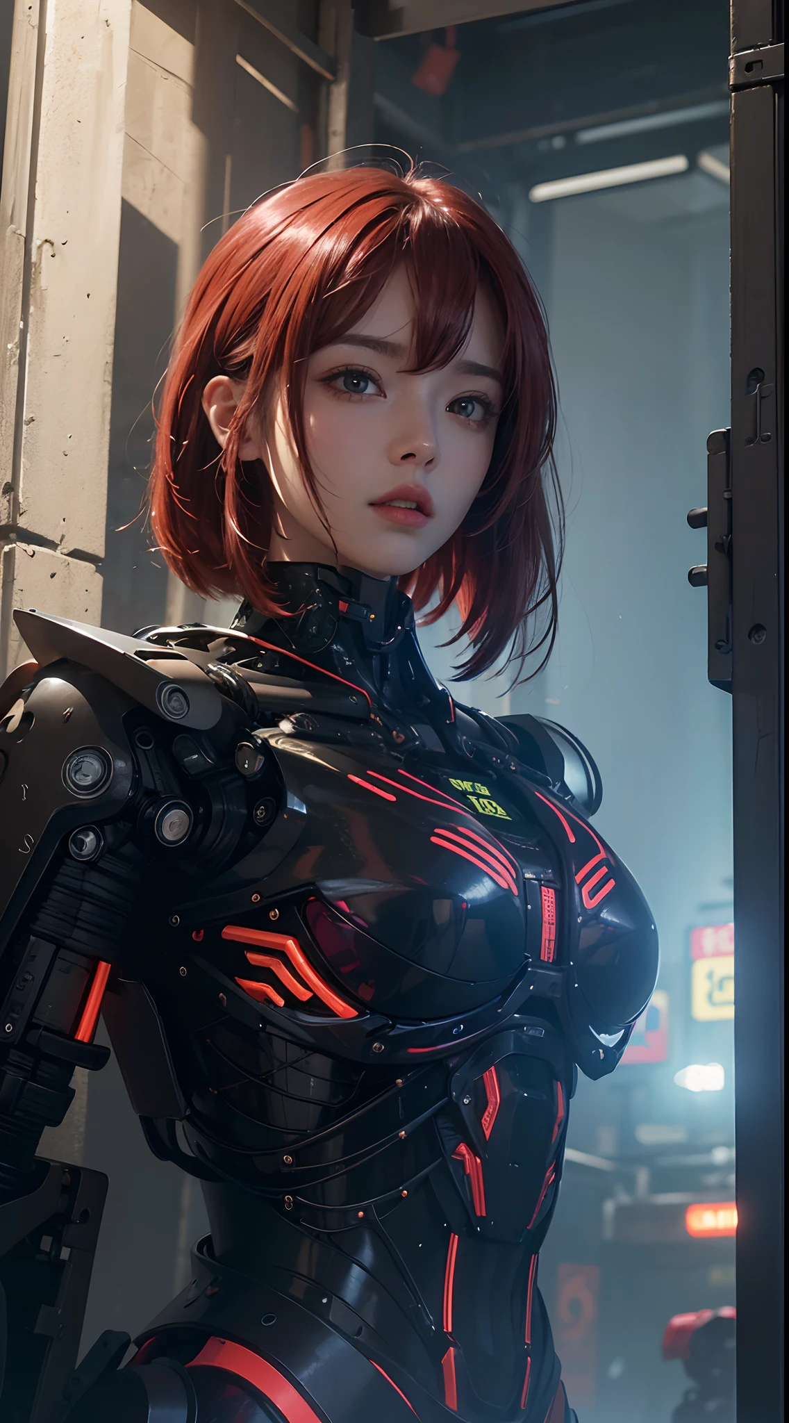((Obra maestra, La mejor calidad)), illustration, 8K ultra detallado, realista, Enfoque claro, Altamente detallado, Pro Lighting, Detalles coloridos, Rainbow Color BREAK, Factory Long Rise, large mechanical robot structure, microchip, ordenador, ((resplandecer)), Detalles intrincados, shitu-mecha, 1girl, mecha, Ombligo del vientre, Imagen en color, (cyberpunk), (crimson hair: 1.2)