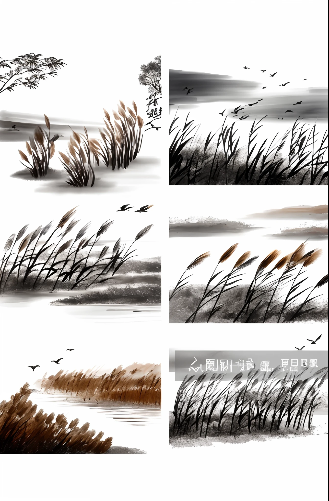 Close-up of a field painting of birds flying, sumi - e lighting style, Highly detailed brush style, chinese brush pen illustration, Chinese watercolor style, beautiful brush stroke rendering, Chinese painting style, sumi - e style, sumi ink style, traditional brushes strokes, brush painting, Unforgettable beautiful brushstrokes, Highly detailed brush strokes, marsh, sumi-e