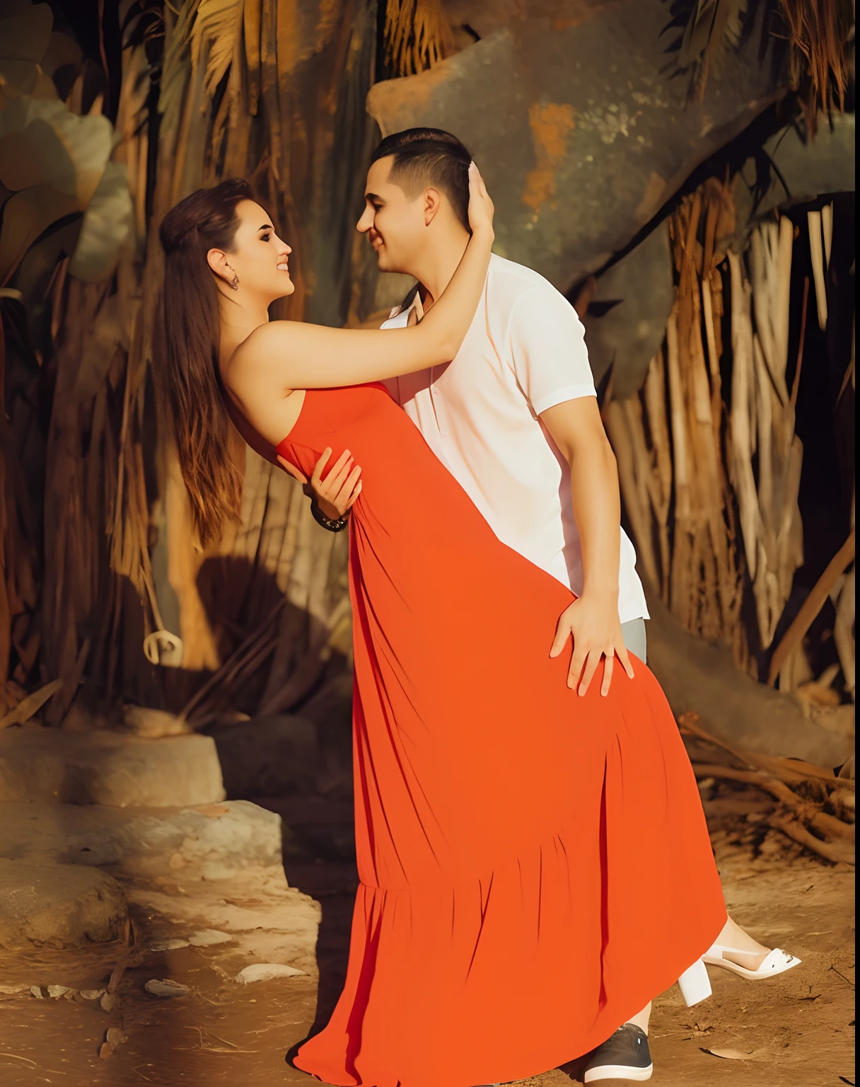 Araffe couple in a red dress hugging in front of a tree, couple dancing, Photo Session, Lovely couple, modeling photography, dancing with each other, mystical feeling, romantic couple, pose de casal, photo shoot, Fotografado profissional, dancing on a tropical beach, foto estilizada, candid photograph, salsa social dance, playful pose, videoclipe, fotografia casual
