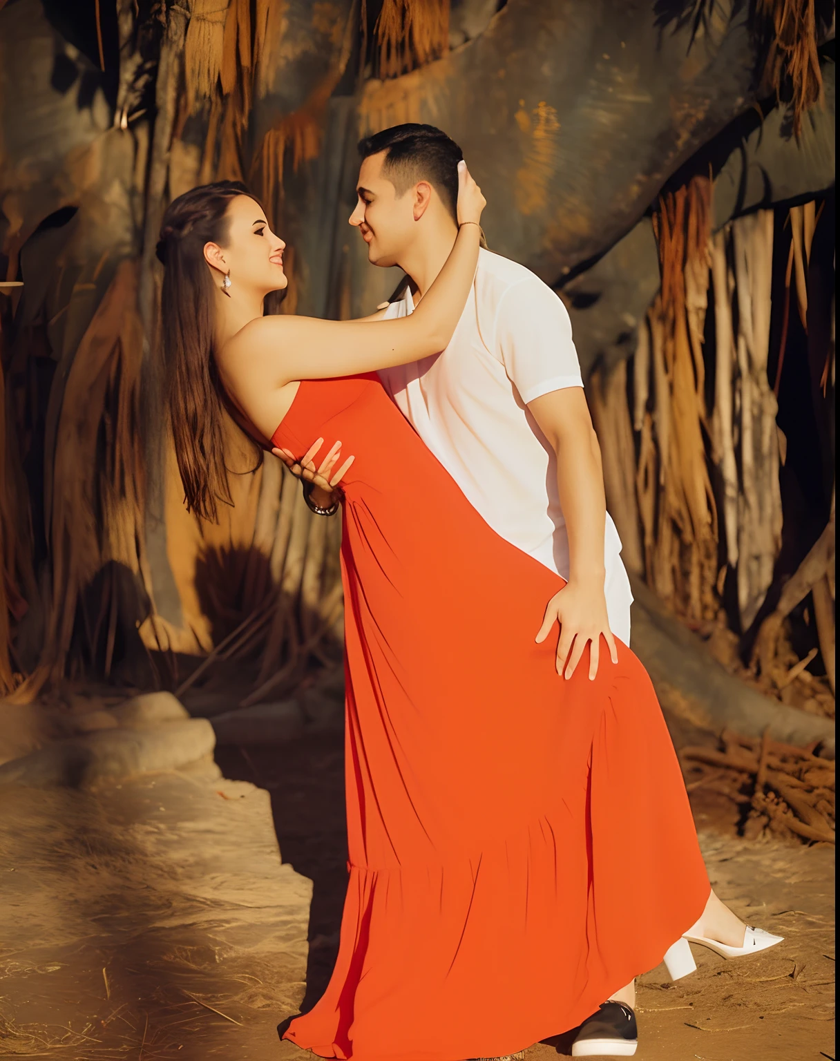 Araffe couple in a red dress hugging in front of a tree, couple dancing, Photo Session, Lovely couple, modeling photography, dancing with each other, mystical feeling, romantic couple, pose de casal, photo shoot, Fotografado profissional, dancing on a tropical beach, foto estilizada, candid photograph, salsa social dance, playful pose, videoclipe, fotografia casual