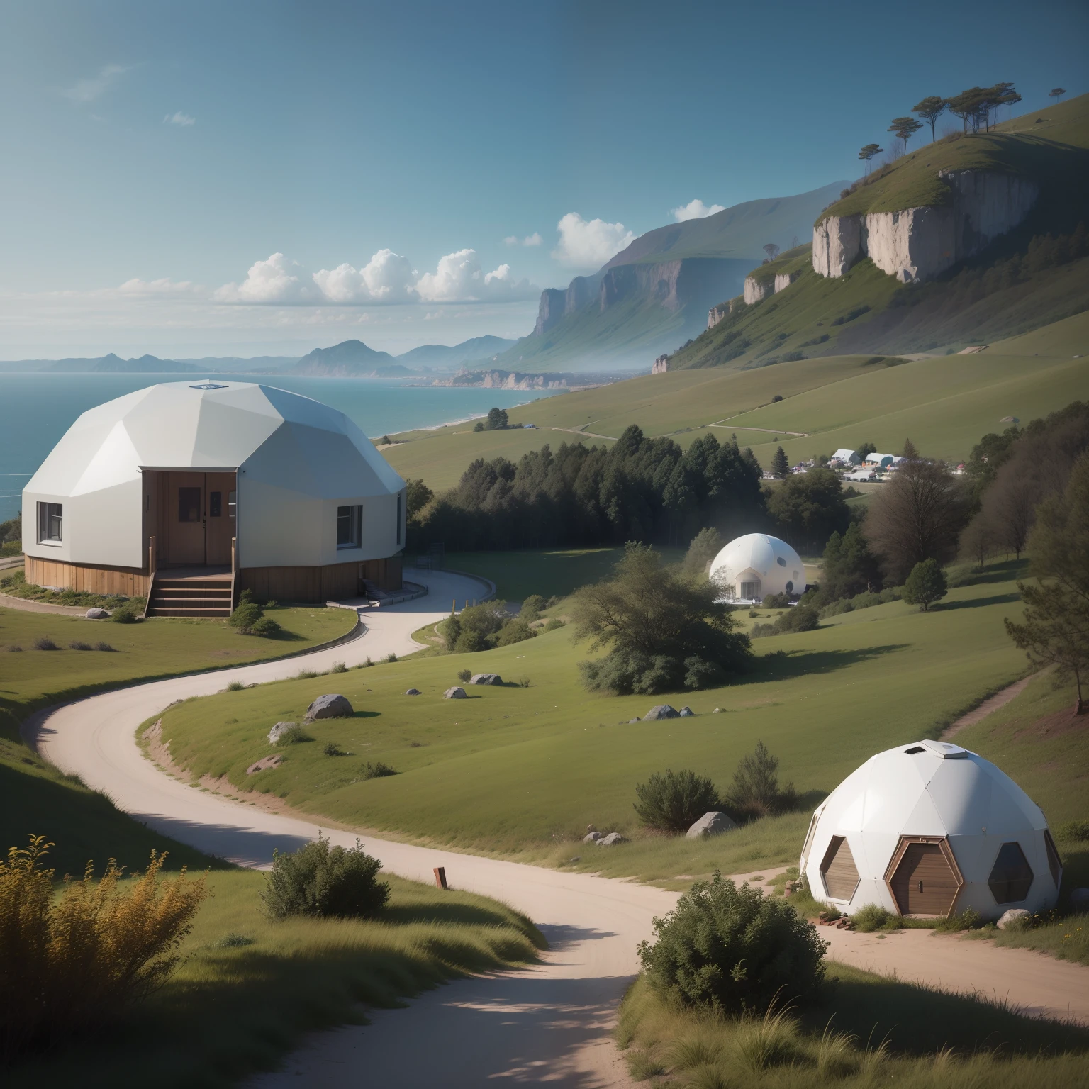 Mountain area at the foot of the sea, Undergrowth zone, Arquitetura futurista, construction of various igloos, Glamping, domos,Arquitetura futurista, Bioclimatic Architecture, Iglos brancos, white domes, tendas, Campismo, solar panels. tendas zen sobre plataformas de madeira em estacas no terreno, wooden walkways between the igloos, Arquitetura Deslumbrante, renderizado, Ultra HD 3d  hiper-realismo, muito detalhe, obra-prima,  mais alta qualidade, detalhe intrincado, melhor textura, realista, 8k, luz suave, sombra perfeita, 
celestial, , Sleeping capsule, Ubobadadas , e de realidade virtual