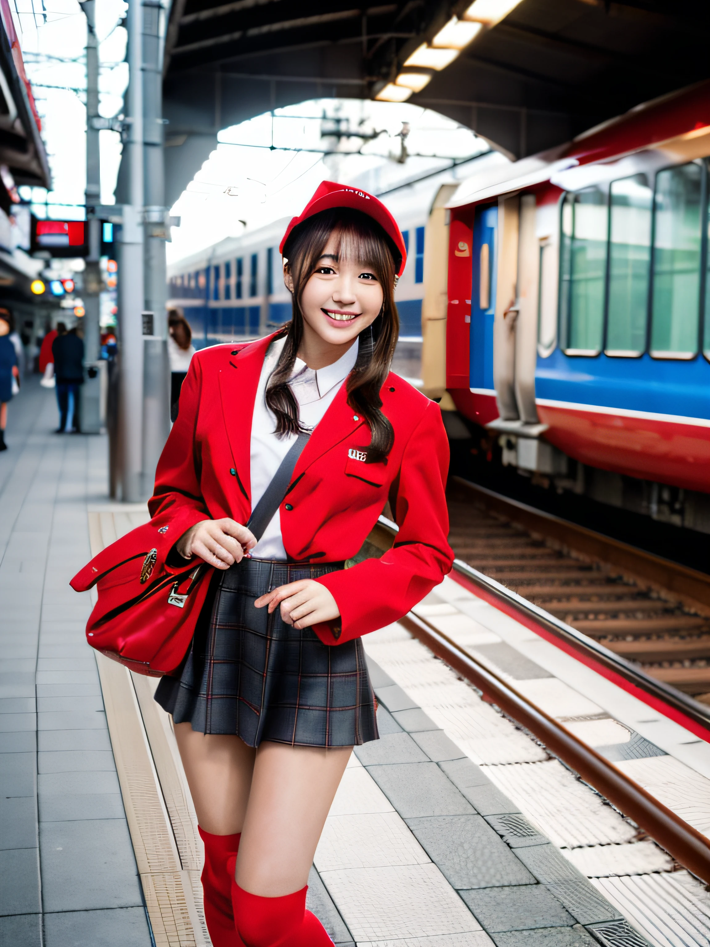 Top image quality、16k image、1 Japan woman、Wearing a bright red Santa Claus costume、a miniskirt、Detailed facial features、Fine pupils、Beautiful lips、slenderbody、When I was on the platform of the station, the Japan Shinkansen Hayabusa came in、I had it taken by a professional photographer