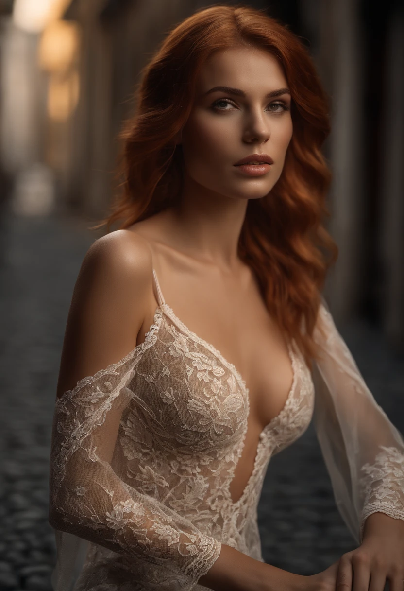 master part, (((Figura completa supermodelo pose sexy))) corpo inteiro no quadro, (((magical unnatural lighting ))) (((Beautiful shape of pale red hair sitting woman artmodel pose on cobblestone street in misty fog street))), (((Intricate lace transparent bikini showing bare breasts over neckline, looking-into-camera))) , (((single braid,longos cabelos ruivos, accurate hands, olhos precisos, clivagem exposta))) soft lighting, cores, Very detailed, dramatic lighting, digital art trending on Artstation 8k HD high definition detailed realistic, circunstanciado, textura da pele, hiper detalhado, textura de pele realista, armadura, best quality, ultra high-resolution, (fotorrealista:1.4), high resolution, circunstanciado, Foto RAW, sharp re, nikon d850 film stock photograph 4 kodak portra 400 camera f1.6 lens rich colors hyper realistic lifelike texture dramatic lighting unrealengine trending on artstation cinestill 800, (((Anatomia feminina precisa, olhos perfeitos))) (((500px, rolhas, photosight.Ru, Metart, iso noise))) (((Roupas SFW)))
