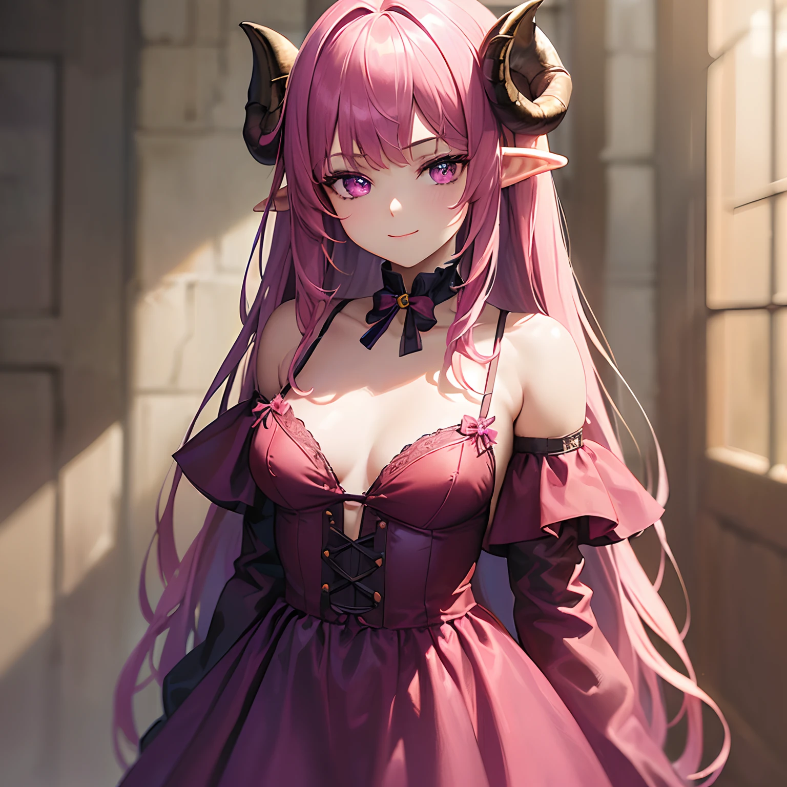 (Photorealsitic:1.3), ​masterpiece, top-quality, (intricate detailes:1.2), (((1girl, (Take a look at Veiwer:1.3)、((Brown sheep horns)) Detailed pupils、Drawn eyes, magenta eyes, gradient hair, long hair, smile, elf ears, magenta dress, spaghetti strap dress, bows on dress, innocent, 1 women, small boobs, v-neck collar, 20 years old