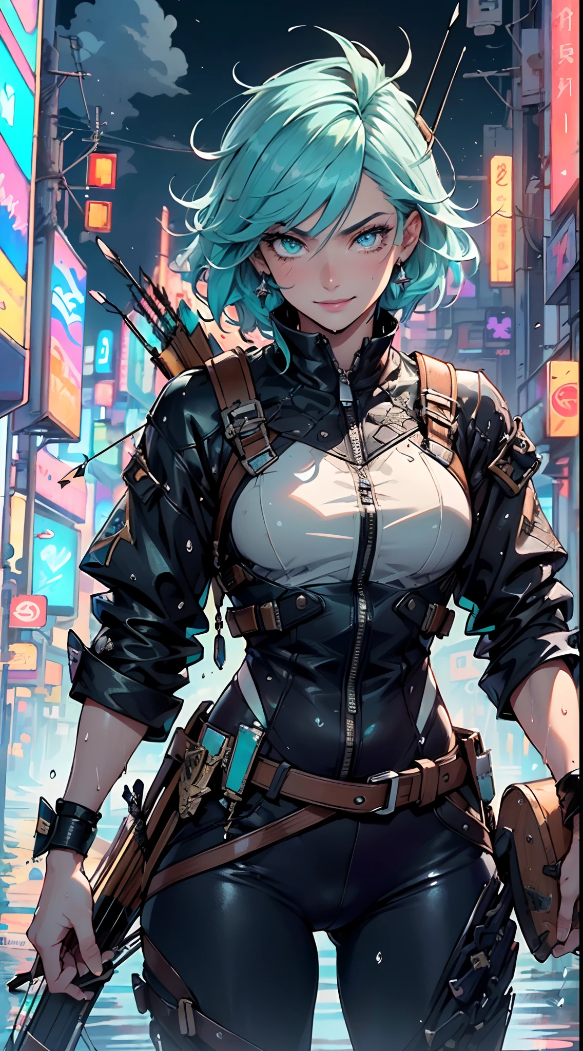 man:1.5,1 man,archer man,(((1man))),((man with aqua hair)),

(((1male,man:1.5,handsome man,male,male gender:1.5,male focus))),macho man,

((aqua messy hair,aqua hair,short hair,colored inner hair)),(((lustrous skin:1.5,tanned skin,bright skin: 1.5,skin tanned,shiny skin,very shiny skin,shiny body,illuminated skin))),(((aqua_eyes:1.2))),intricate eyes,beautiful detailed eyes,symmetrical eyes,((man chest)),handsome face,((muscular)),(((detailed face))),

confident attitude,nsfw,

cyberpunk agent, ((holding a arch:1.5,bow and arrows in a quiver:1.5)), cyberpunk citizen in oversize techwear,((bulge in pants)),((cyberpunk archer outfit)),((wet clothes,intricate outfit,intricate clothes)),

(dynamic pose:1.0),solo focus,((evil smile,evil look)),(centered,scale to fit dimensions,Rule of thirds),

cyberpunk city by the ocean at night, with bright neon signs and dark stormy clouds and puddles, scenery:1.25,starry night, cosmos,

highres, sharp focus, (ultra detailed, extremely detailed), (photorealistic artwork:1.37),(extremely detailed CG unity 8k wallpaper),((synthwave background theme)),(((vibrant colors))),(intricate background),(masterpiece),(best quality),