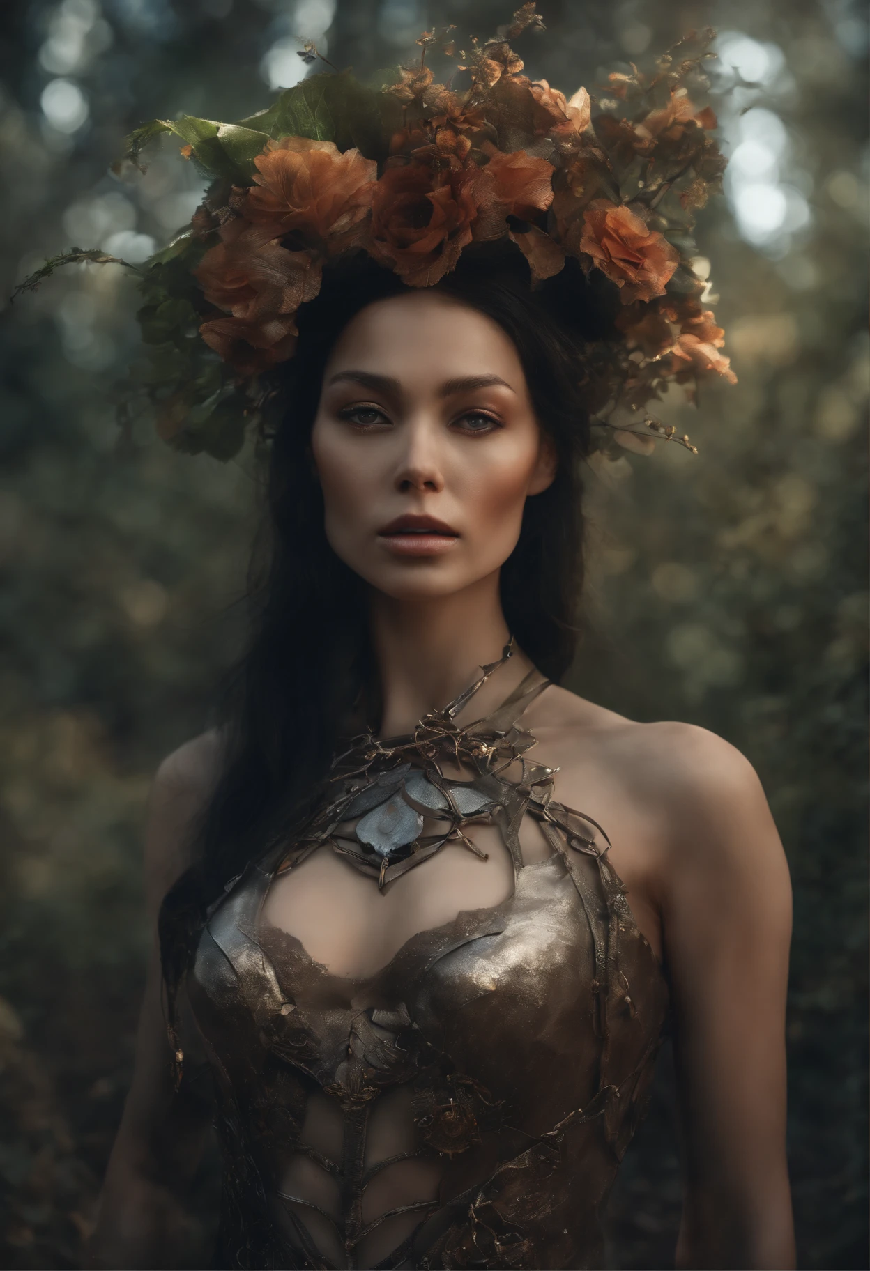 gorgeous undressed botanical cyborg in dry flowers, atomata, android, bokah diadem, damaged suit, dameged mask, cracked glass, scratche screen,damned lands,yule heaven, forgotten person,biomechanical cyborg, 8k resoultion, cinematic style digital art render with mechanical and futuristic details, Sci-Fi, hyper realistic , post apocalyptic, damaged, surreal,surreal, withered nature, withered plants and leaves , dried , sunset,blurred environment background, (perfectly shaped eyes:0.8), portrait, digital art, concept art, post processed, dynamic lighting, (painted by bochen and wlop, stylized by nixeu and greg rutkowski), trend on pixiv, perfect composition, cinematic, majestic, detailed, sharp details, sharp focus, perfect anatomy, shiny, masterpiece, award-winning photography, fine-tuning face, masterpiece, art by yoshiyuki sadamoto and matt banning