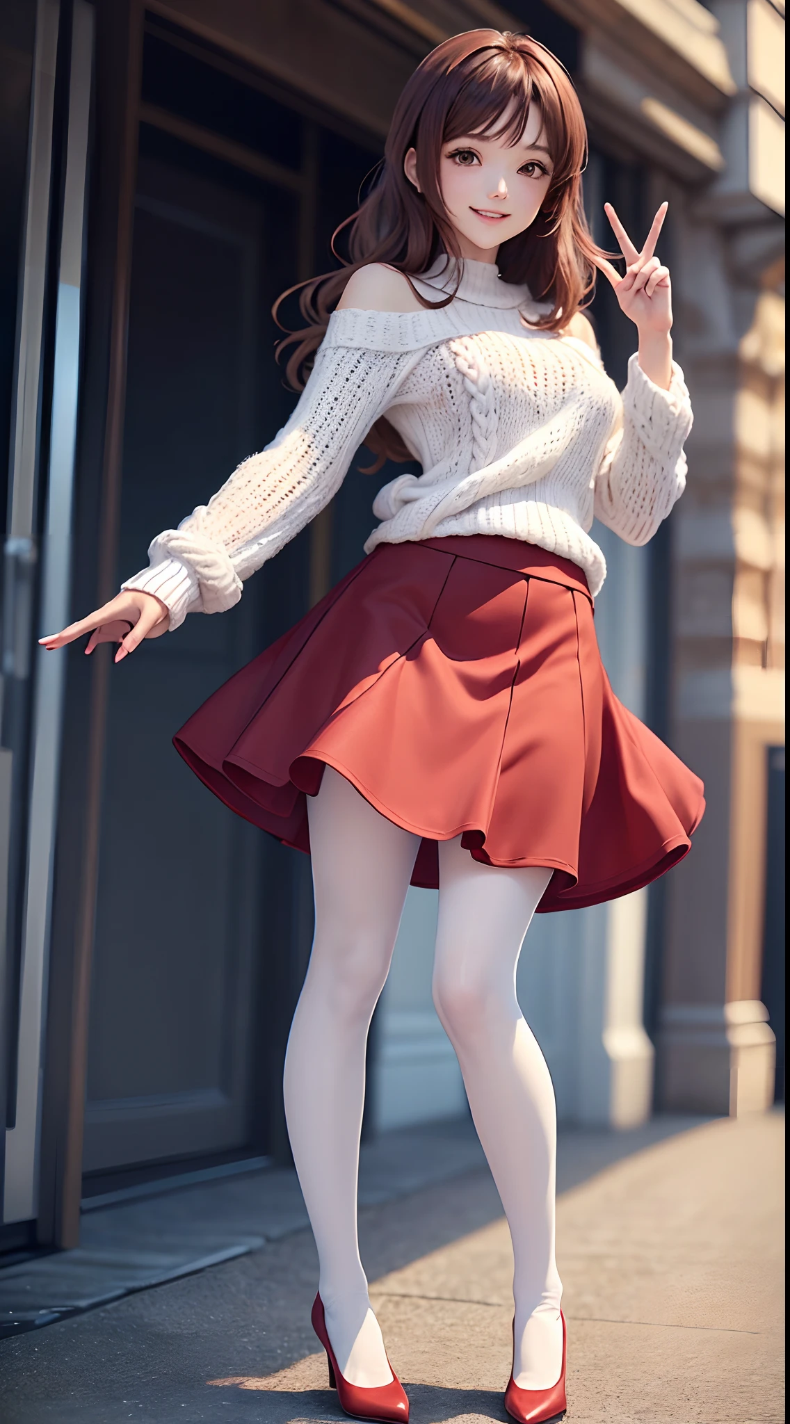 top-quality、Full limbs、complete fingers、Slender beauty、Loose curled hair、Brown hair、((Black Knit Tops))、((Red Flared Skirt))、Brown pantyhose、white backgrounid、A big smile、独奏、Anime style、not real
