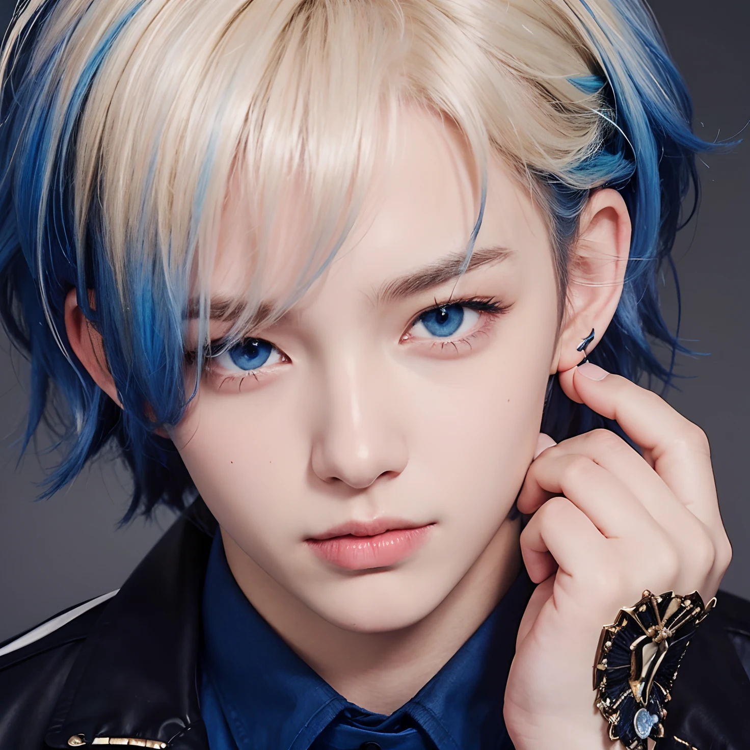 A teenage boy with realistic blonde and blue hair,Realistic bright blue eyes,Exactly the same hairstyle, realistic Korean handsome face, realistic cool expression, exactly the same expression,Adapt the exact same clothes, realistic blue jacket, realistic blue shirt,Realistic hands