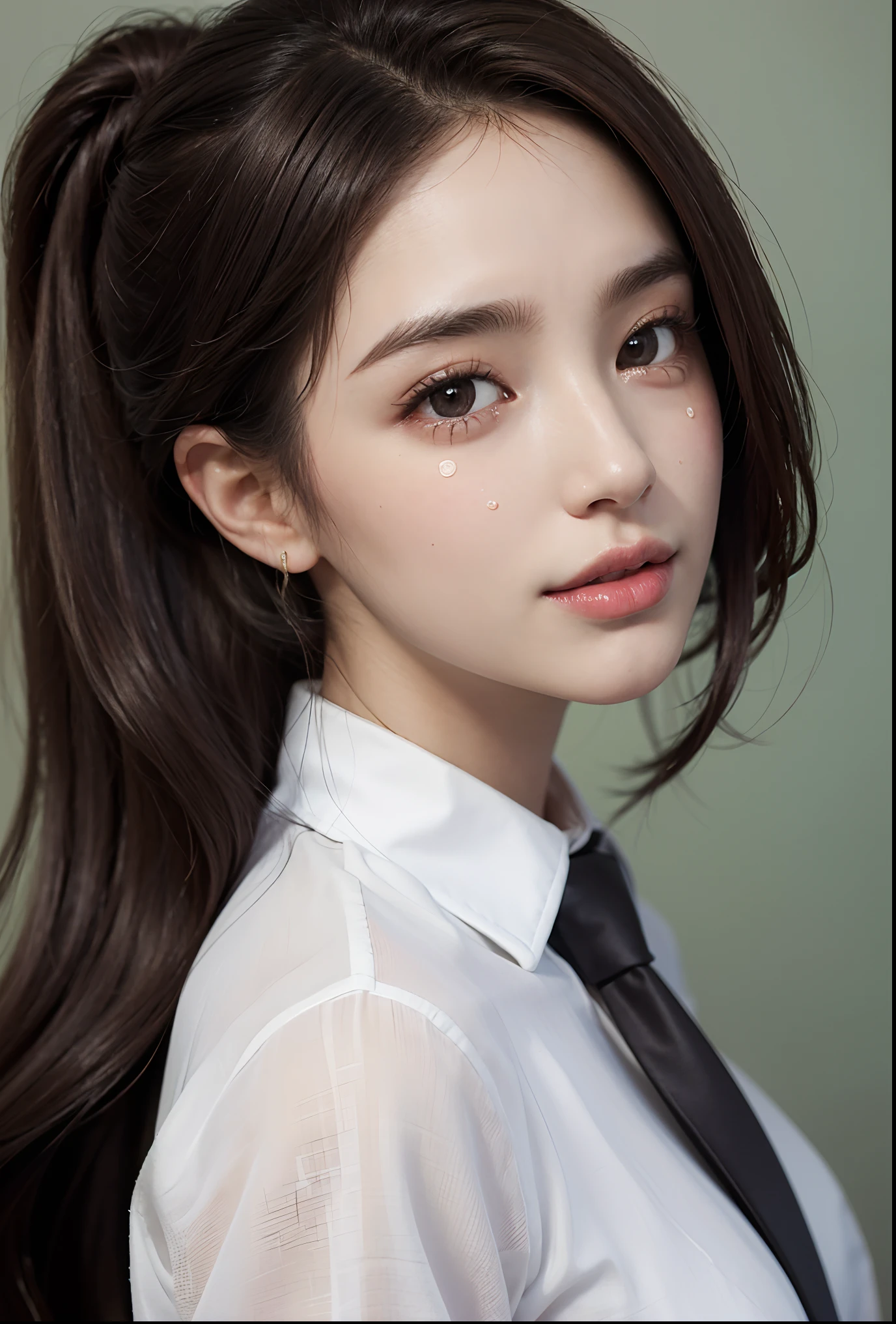 ((Beauty like a model)), masterpiece, The highest image quality, ultra-detailliert, (perfectbody:1.5), (Perfect face+dishevled hair+Semi-long chignon hair), Close up of, Viewer's Perspective,((Tears that are about to overflow))detailed hairs、Detailed eyes(realisticeyes),profetional lighting,middlebreasts,(Brown eyes),Tight black suit,neck tie,white shirt,((dark brown hair)),slenderbody,adult lady,About 28 years old,glamor,kindly smile,Half Girl,