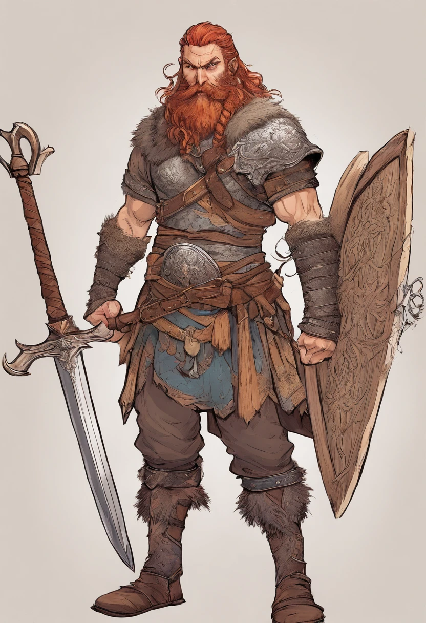 Homem viking alto, armadura detalhada, couro velho gravado Cuirass, projetos intrincados no Cuirass, intrincadas gravuras de Cuirass, postura imponente e poderosa, fierce expression, Red wild mane braided hair and beard, dynamic pose, Intensa cena de batalha, fantasy scenery, cores vibrantes, dramatic lighting, epic atmosphere, Mythical creatures in the background, Espada e escudo viking, attention to facial anatomy and features, Iconic use of highlights and shadows, Capturing emotion, masterful composition