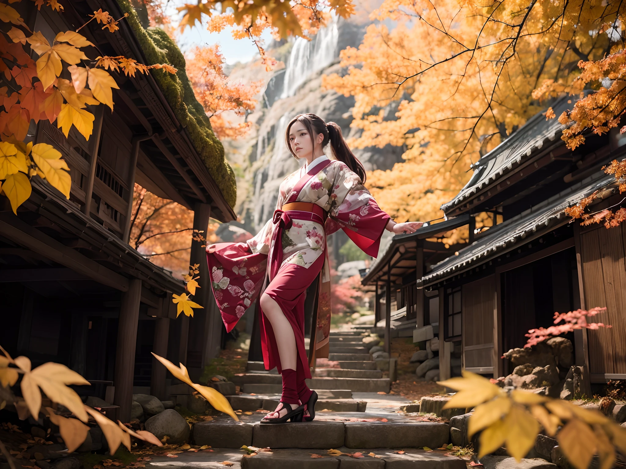 (Raw photo:1.2), (Photorealistic), Beautiful detailed girl, Very detailed eyes and face, Beautiful detailed eyes, Huge file size, High resolution, Very detailed, Best Quality, [masutepiece:1.6], Illustration, Very detailed, Fine detail, Best Quality, 8K Wallpaper, Movie Lighting, 18-year-old Japan female singer, wearing Japanese kimono, Ponytail, Beautiful face, Trees with autumn leaves々Surrounded by, Togetsu Gorge Bridge, Vibrantly dyed crimson,Dyed crimson, Please guide us on the day of your choice, Pray for the flow of the river, I've been thinking about you, I've been thinking about you, Always, My heart is by your side.