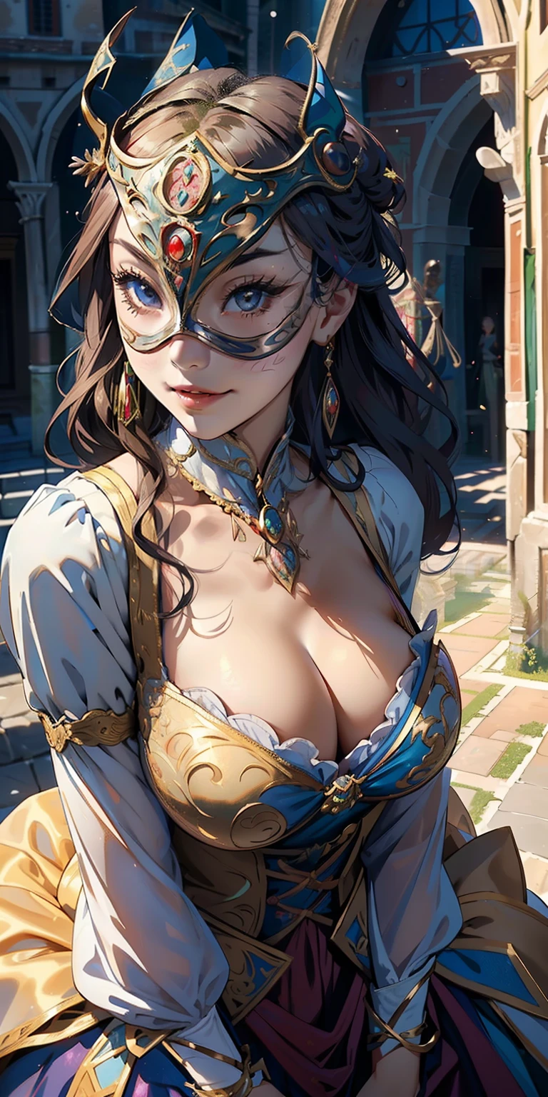 realisticlying、Face Real、 girl、、Medieval Italy((Wearing the Venetian Mikloy((Masquerade))、Wearing a Medieval European Dress、Ancient castles in Italy、Cleavage Emphasis Colorful Sexy Pose、Face smile