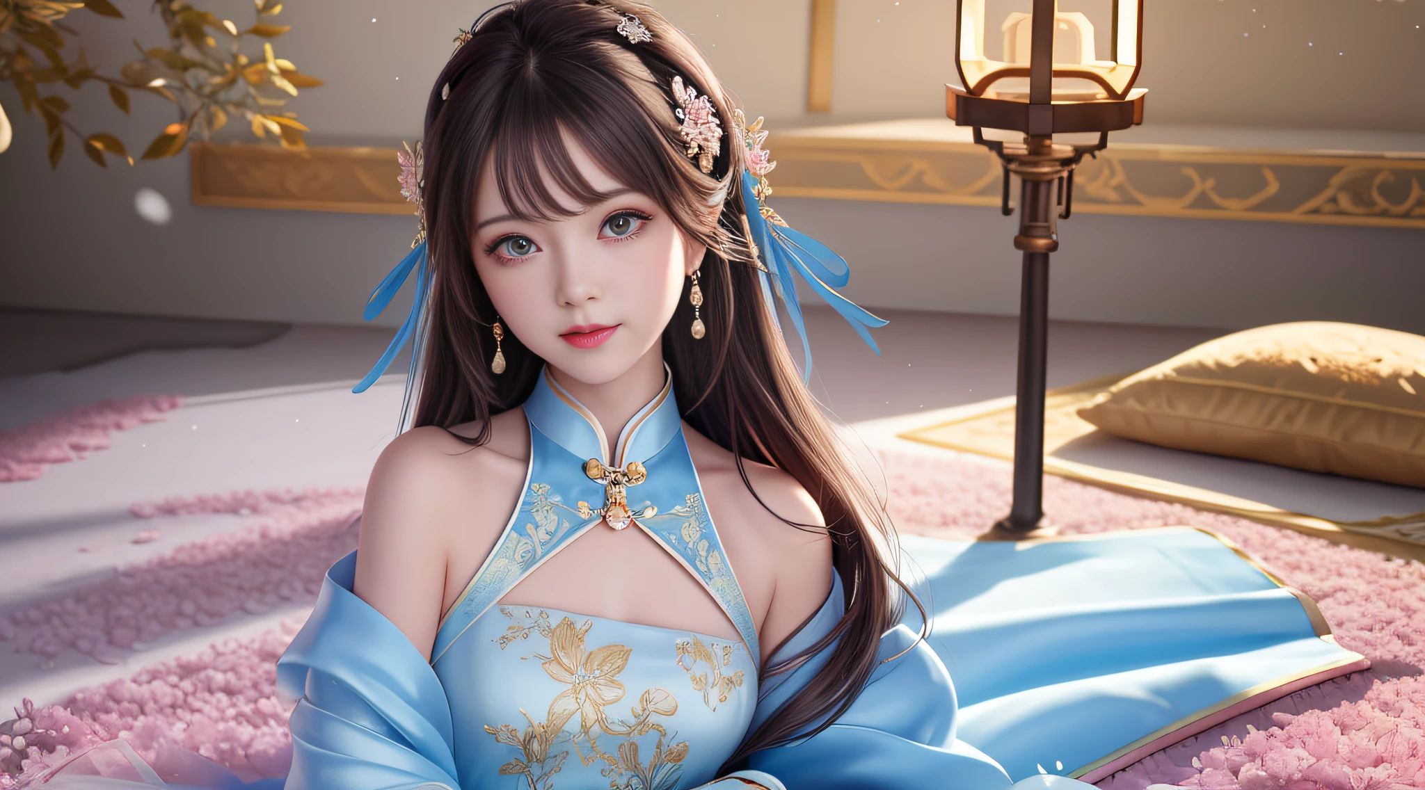 ((Masterpiece)),
(((Best quality))),
((Ultra detailed)),
((illustration)), A high resolution,
 1 girl,
Tyndall effect,Photorealistic,  rim lit, twotonelighting,(highdetailskin:1.2), Soft lighting, voluminetric lighting, view the viewer, photographed, 
Beautiful detailed face,
Black hair, hair adornments,
Dark brown eyes, 
necklace, jewelry,
Lie down,
upon body,
Blue dress,china dress,White dress, Pink grass,Cheongsam,Silk dress,small boobs,no smile,anime