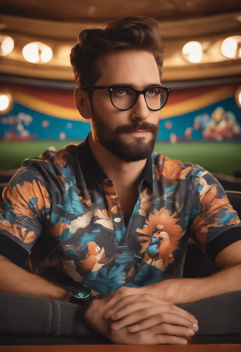 um homem, em breve, barba curta, olhos castanhos, com fones de ouvido, A music studio in the background, Imagem no estilo Pixar, Estilo de filme animado 3D, Disney, camiseta preta