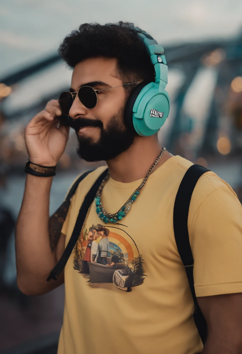 um homem, em breve, barba curta, olhos castanhos, com fones de ouvido, A music studio in the background, Imagem no estilo Pixar, Estilo de filme animado 3D, Disney, camiseta preta