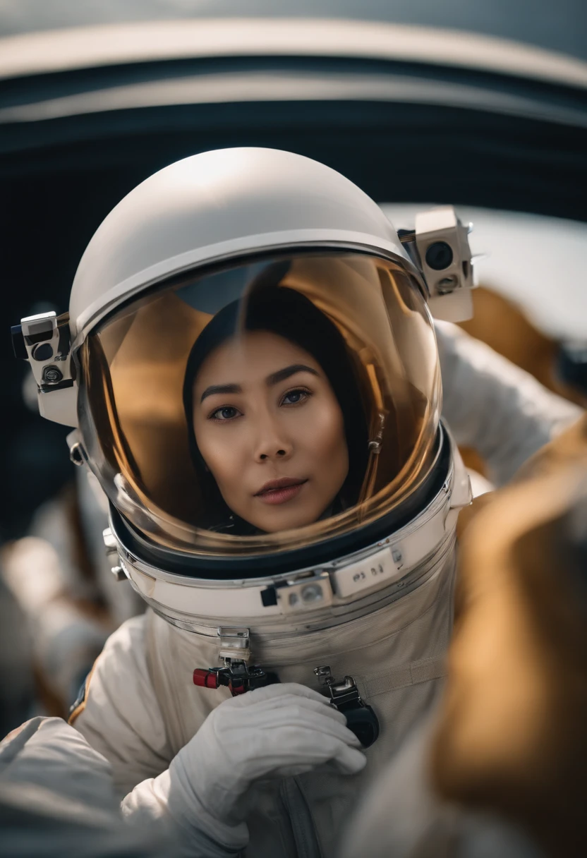Female astronauts J0RD7NJ0N3s in space, Beautiful face, Realistic photo, (Portrait), [Smoke], [haze], Natural lighting, Shallow depth of field, Shot on a Canon EOS-1D X Mark III, 50mm lens, f/2.8, (intricately details, ultra - detailed), ((RAW color)), Sharp focus, hdr, 4K 分辨率, cinematic movie