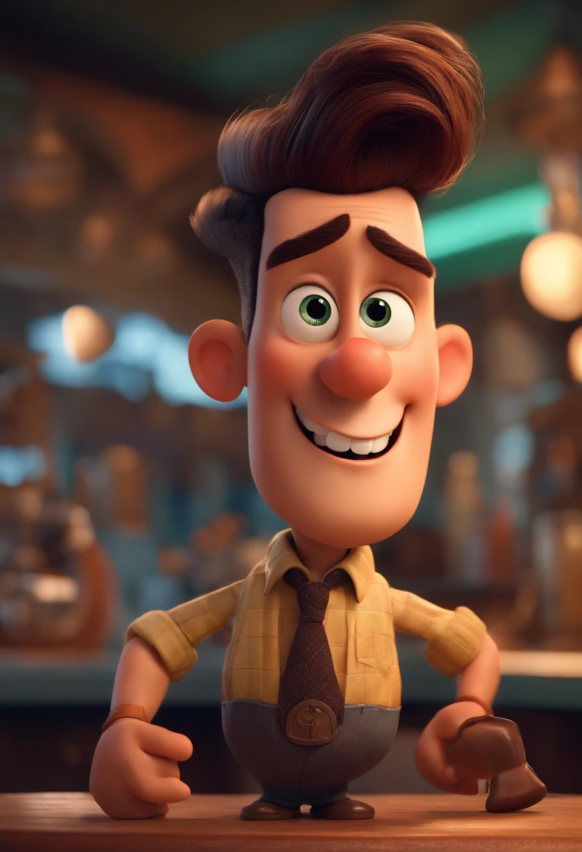 A Dream Barber Inspired by Pixar Animation, de perto. The character takes center stage with captivating facial expressions, oferecendo um toque de irrealidade, Cabelo curto e gordinho gradiente