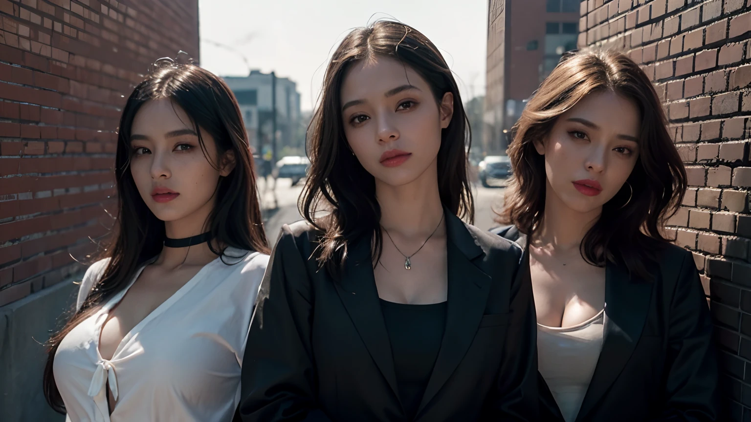 (Best Quality, hight resolution, masutepiece:1.2), Ultra-detailed, (Realistic, Photorealsitic:1.37), Portrait, Group photo of the three, (Women's group, :1.2), wears a suit, ties, Sunglasses, Brick wall, Leaning against the wall, smoking tobacco, in group photograph, movie "Reservoir Dog", Brick wall background, Woman in black, modern attire, Fully clothed, Sexy, outlaw, shirt art, defiance, black robes, badlands, Old movies, High resolution skin, (Cinematic lighting: 1.2 ), beautifully detailed eyes, Highly detailed face, of the highest quality, detailed hairs, Exquisite facial features, Perfect face, Wide Angle, Photorealistic, Crushic Movies, 4K, 8K, 32K, smoking tobacco, Cinematic,Pretty Woman,