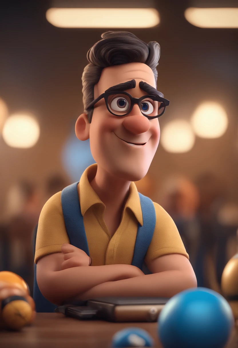 Cartoon character of a man with black glasses and a blue shirt, animation character, Caractere estilizado, animation style rendering, 3D estilizado, Arnold Maya render, 3 d render stylized, toon render keyshot, Personagem 3D, Personagem 3D, 3d rendering stylized, 3 d character render, personagem de desenho animado, Personagem de close up, Pose de personagem, (Estilo Pixar) (master part:1.2) (Bokeh) (best quality) (pele detalhada) (textura detalhada) (8k) (argila) (Cinematic lighting) (foco nítido