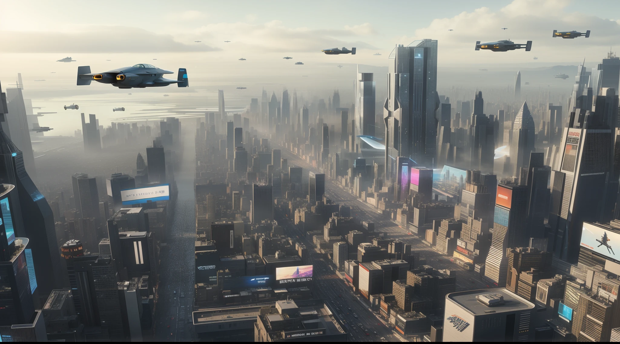a movie shot aerial side view of a futuristic colony city new york at day time with a lot of buildings, with flying cars hovering through the sky from the distance, a detailed matte painting by Raphael Lacoste, matte painting, futuristic, future tech, billboards, real companies, real signs, city layout, real weather an atmosphere, realism textures, bloom, hdr,detailed to precise, vehicle brands, transportation, vibrant, advertisements, ray tracing, procedural, movie style