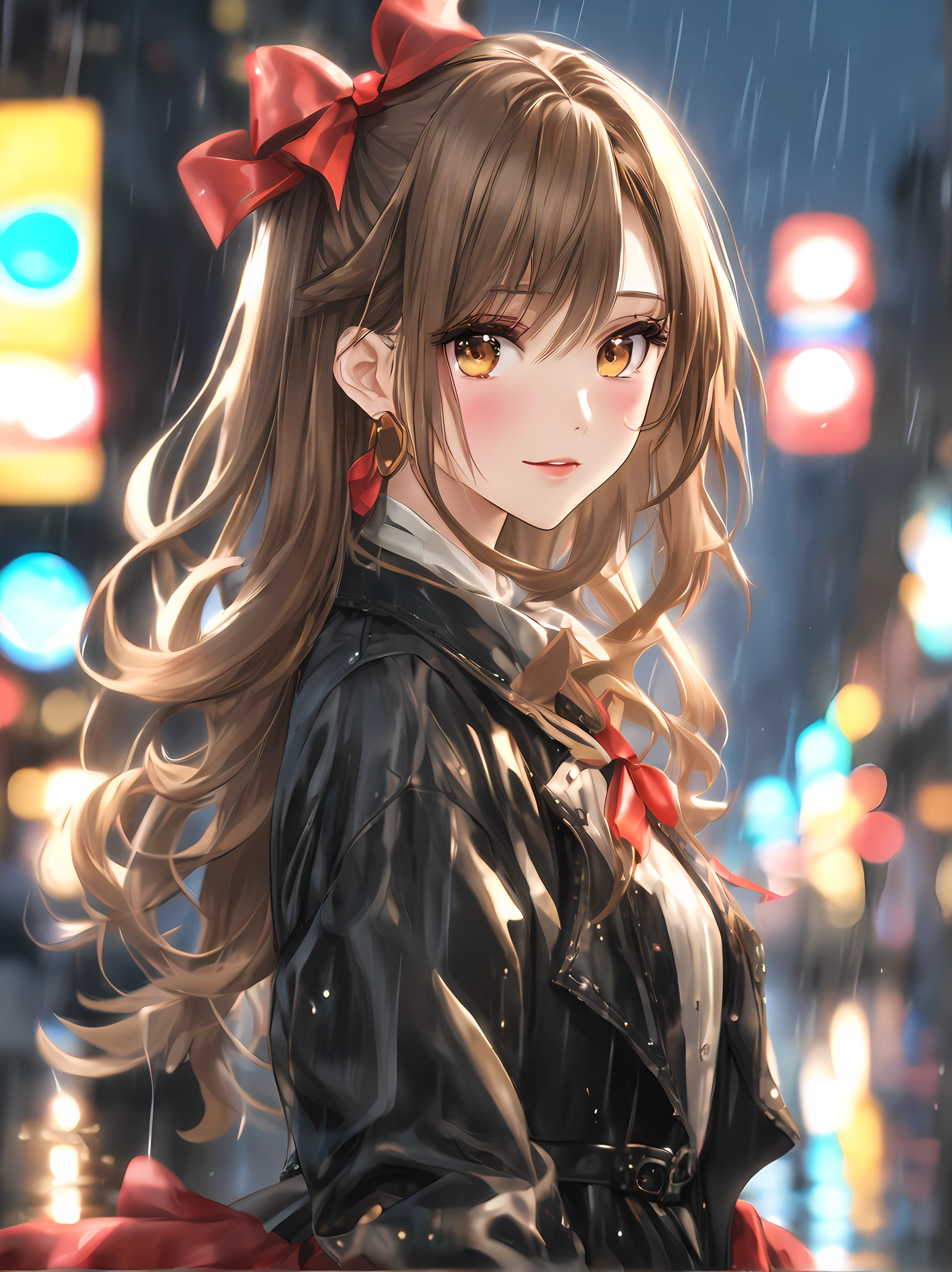 (Best Quality:1.5, Highres, UHD, 8K, Detailed Lighting, Shaders), Brown Hair, Layered hairstyle, Red Cute Ribbon, Black cute dress, (POV), Rainy Street Background, Colorful Eyeshadow, Dramatic Lighting, Sparkling Eyes, Confident Expression, Golden Earrings, Layered hairstyle, Delicate Facial Features, Soft Skin, High Cheekbones, Stylish Clothing, Rainy Street Setting, medium body portrait, Looking at viewers, Sharp Focus, Best lighting effects