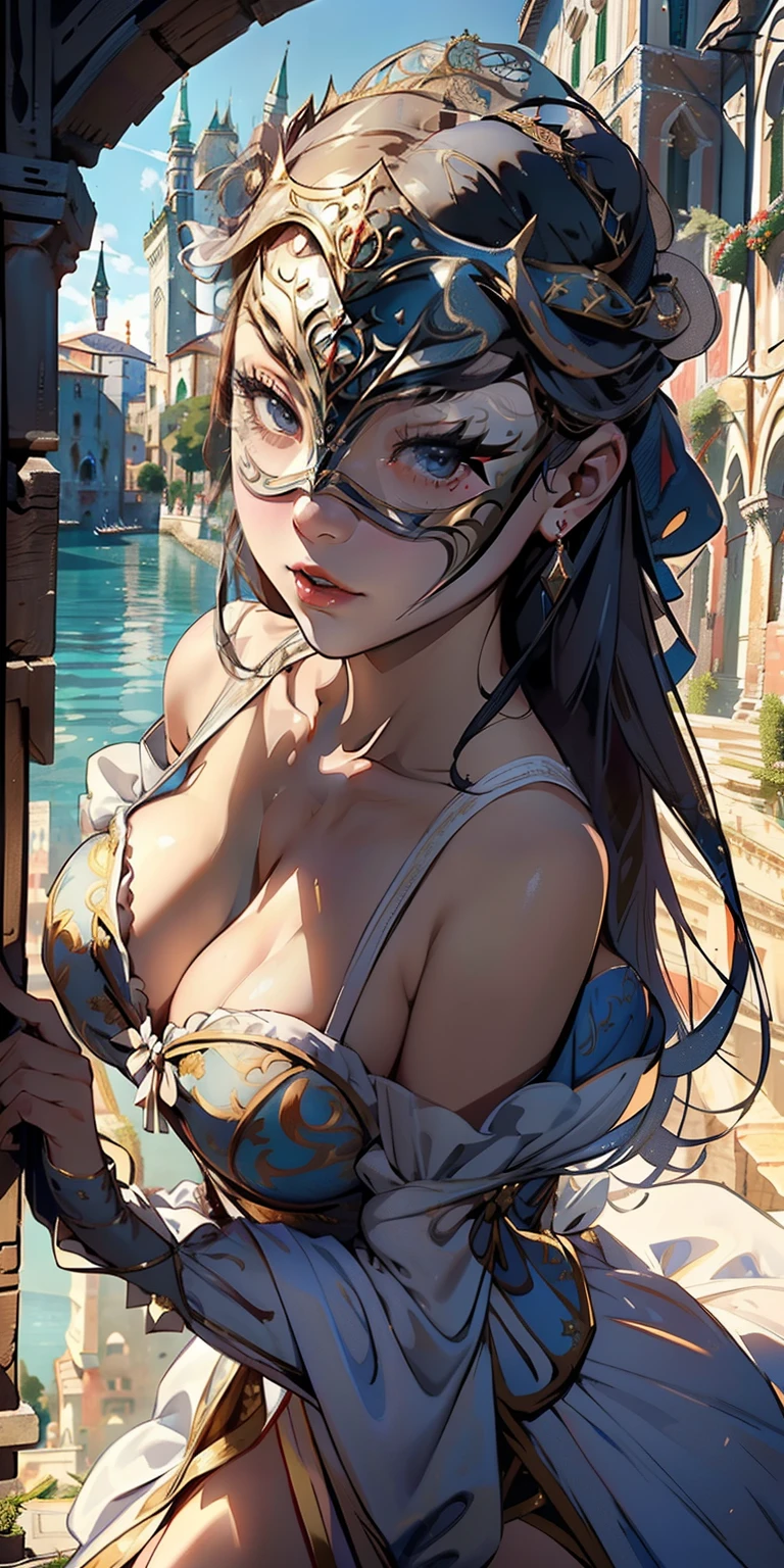 realisticlying、-yeld gi、Sideways view、(Emphasis on the thighs)、Medieval Italy(Super close-up from below)((Wearing the Venetian Mikloy((Masquerade))、Wearing a white dress in medieval Europe、Ancient castles in Italy、Cleavage Emphasis Colorful Sexy Pose