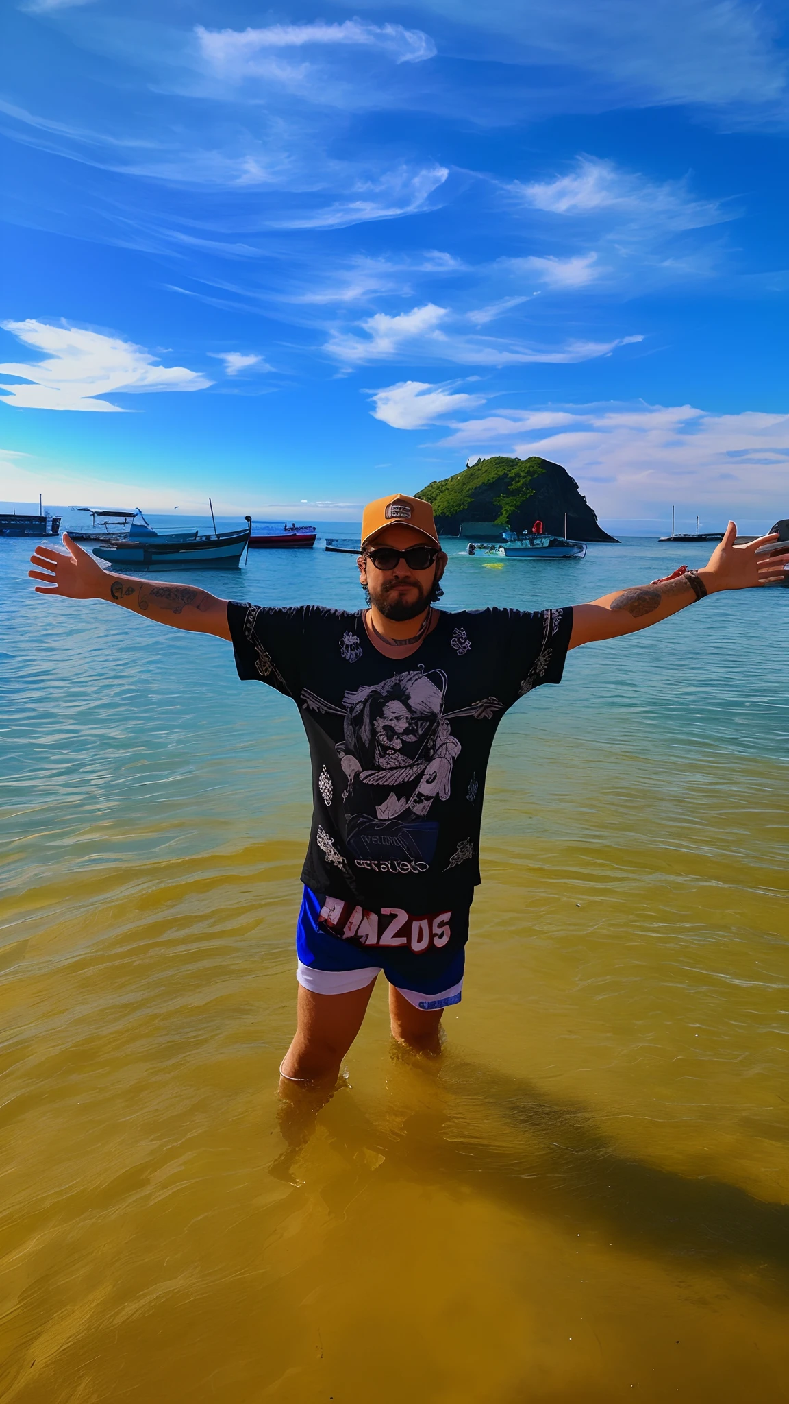 There's a man standing in the water with his arms outstretched, Bam Margera, caio santos, andrea rocha, usando roupas sujas de viagem, lucas graziano, Obra-prima maravilhosa, no oceano, por Dicky Doyle, foto de perfil, foto de perfil 1024px, joe alves, Directed by: Benjamin Marra, Edon Guraziu