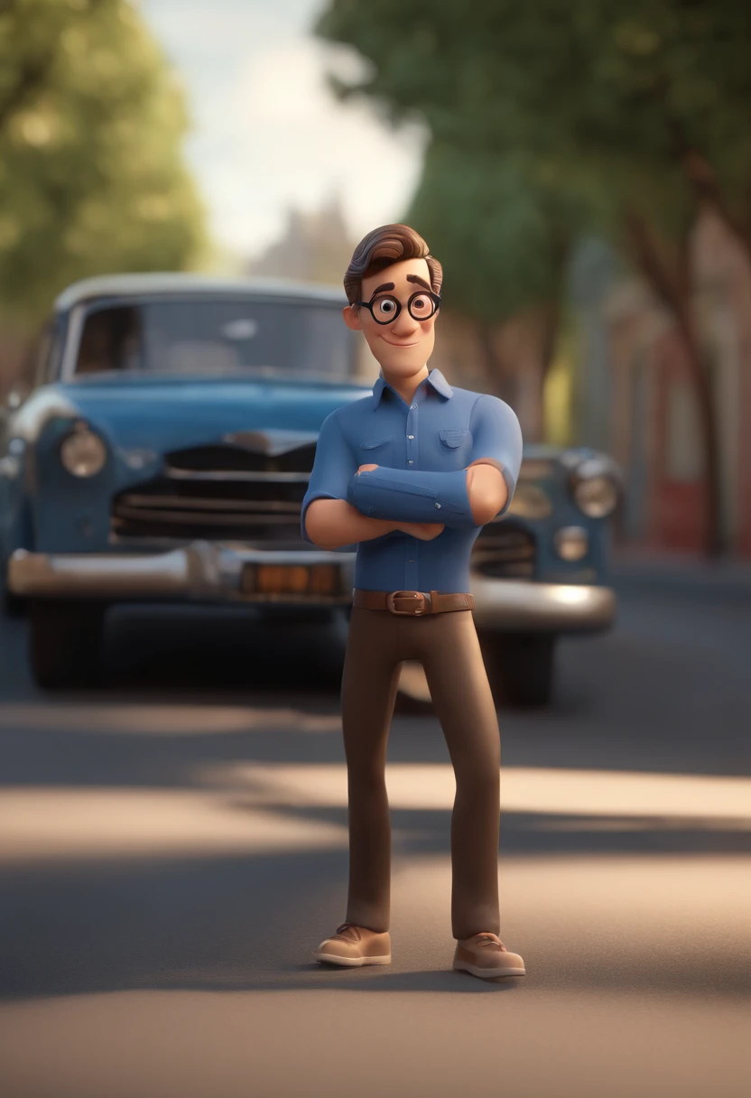 Cartoon character of a man wearing black glasses and a blue shirt, um personagem animado, Caractere estilizado, animation style rendering, 3D estilizado, Arnold Maya render, 3 d render stylized, toon render keyshot, Personagem 3D, Personagem 3D, 3d rendering stylized, 3 d character render, personagem de desenho animado, Personagem de close up, Pose de personagem, (Estilo Pixar) (master part:1.2) (Bokeh) (best quality) (pele detalhada) (textura detalhada) (8k) (argila) (Cinematic lighting) (foco nítido