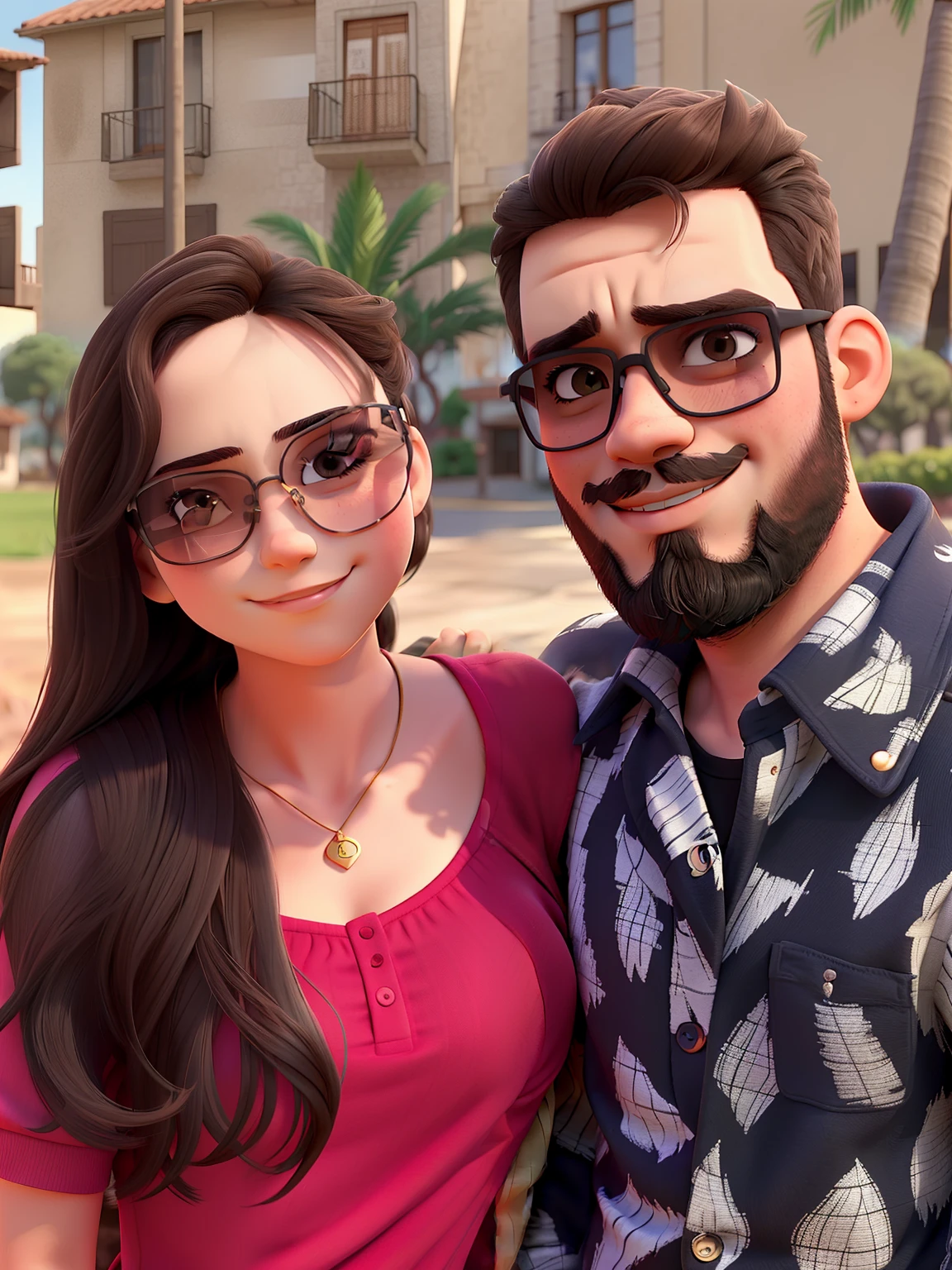 Young couple with sunglasses and passionate look. O jovem rapaz tem barba no rosto todo. The two of them are in a very beautiful background landscape