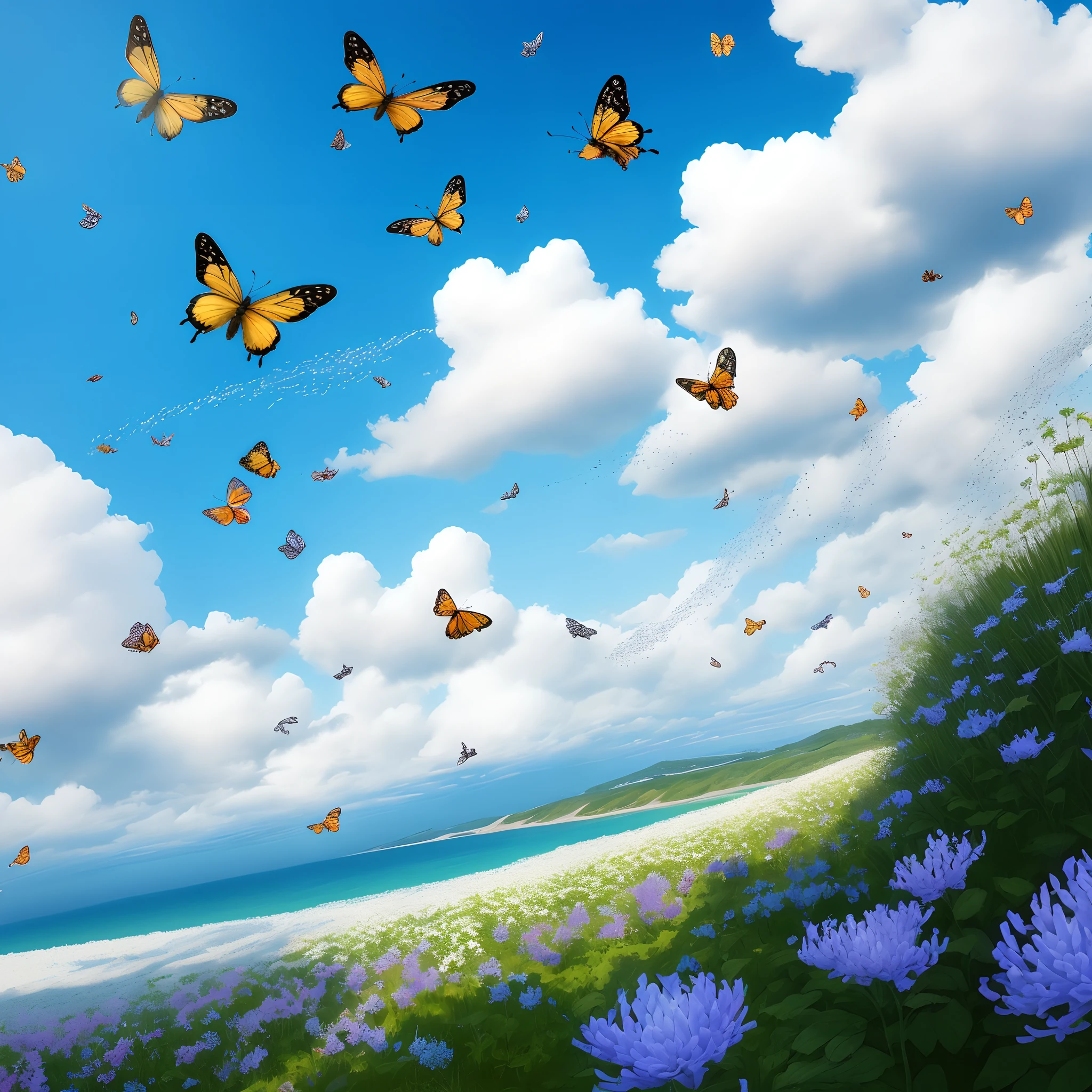 The blue sky is full of white clouds,A large sea of flowers,Butterflies and bees flying