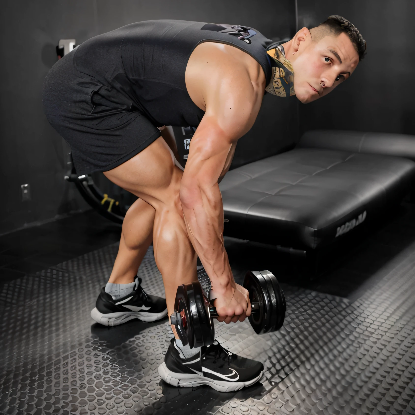 Homem levantando um dumbble em uma academia, foto hiperdetalhada, arms to side, curvado - sobre a postura, ombros curvados, carregando duas barras, curvado sobre a postura, malhar, Tonificado, 2 arms and 2 legs!, levantamento de pesos, apenas parte superior do corpo, manuseamento de corredeiras no peito, put on 1 0 0 pounds of muscle, shoulder level shot