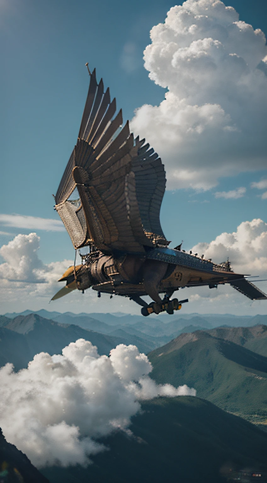Un Vimana volando en el cielo,illustration,oils,fantasy,Flying Machine,Paisajes cautivadores,Nubes hipnotizantes,(La mejor calidad,4k,8k,Altas Resoluciones,Obra maestra:1.2),Ultra detallado,realista:1.37,HDR,UHD,Studio lighting,physically based representation,extreme detail description,profesional,vivid colors,Bokeh,Tonos coloridos,Dramatic lighting