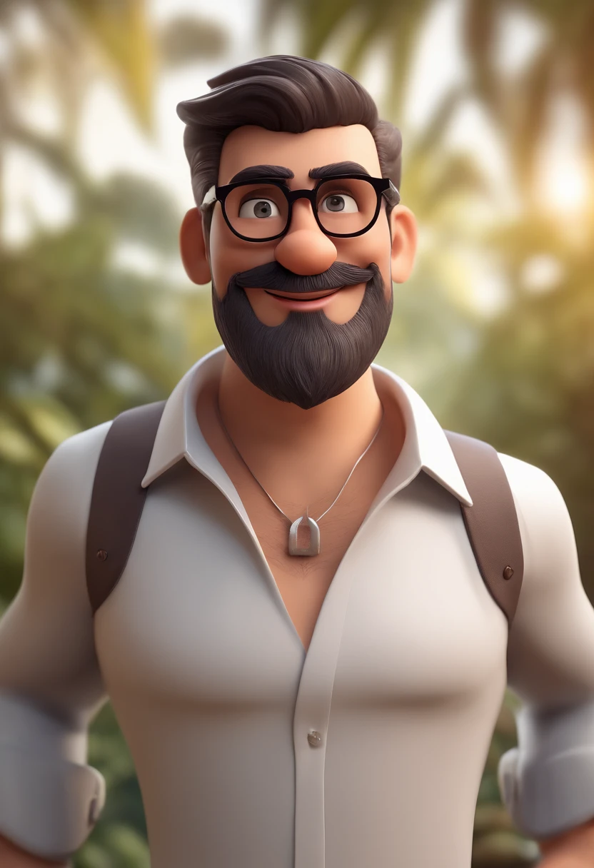 Cartoon character of a man with black glasses and a white shirt,cabelo baixo, With beard animation character, Caractere estilizado, animation style rendering, 3D estilizado, Arnold Maya render, 3 d render stylized, toon render keyshot, Personagem 3D, Personagem 3D, 3d rendering stylized, 3 d character render, personagem de desenho animado, Personagem de close up, Pose de personagem, (Estilo Pixar) (master part:1.2) (Bokeh) (best quality) (pele detalhada) (textura detalhada) (8k) (argila) (Cinematic lighting) (foco nítido