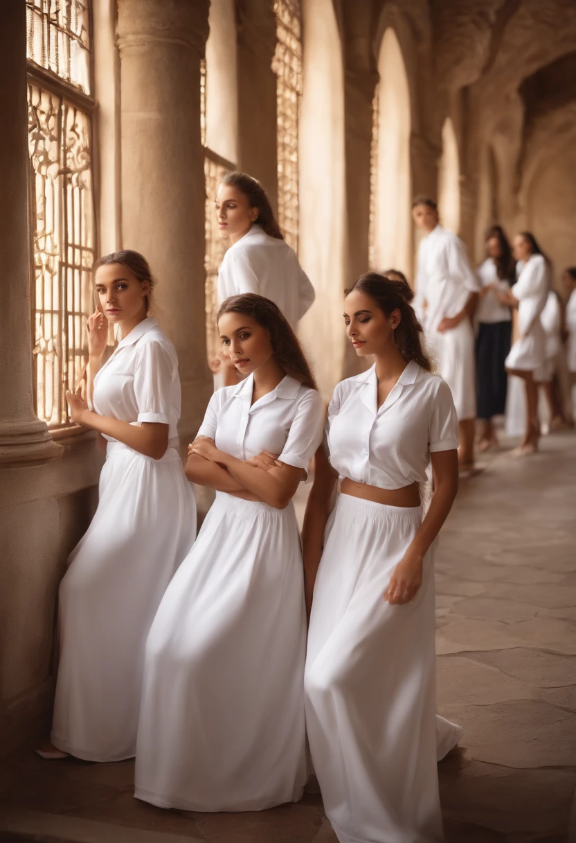 Several women in white school uniform in sexy poses, harem, Almofadas, muita luz