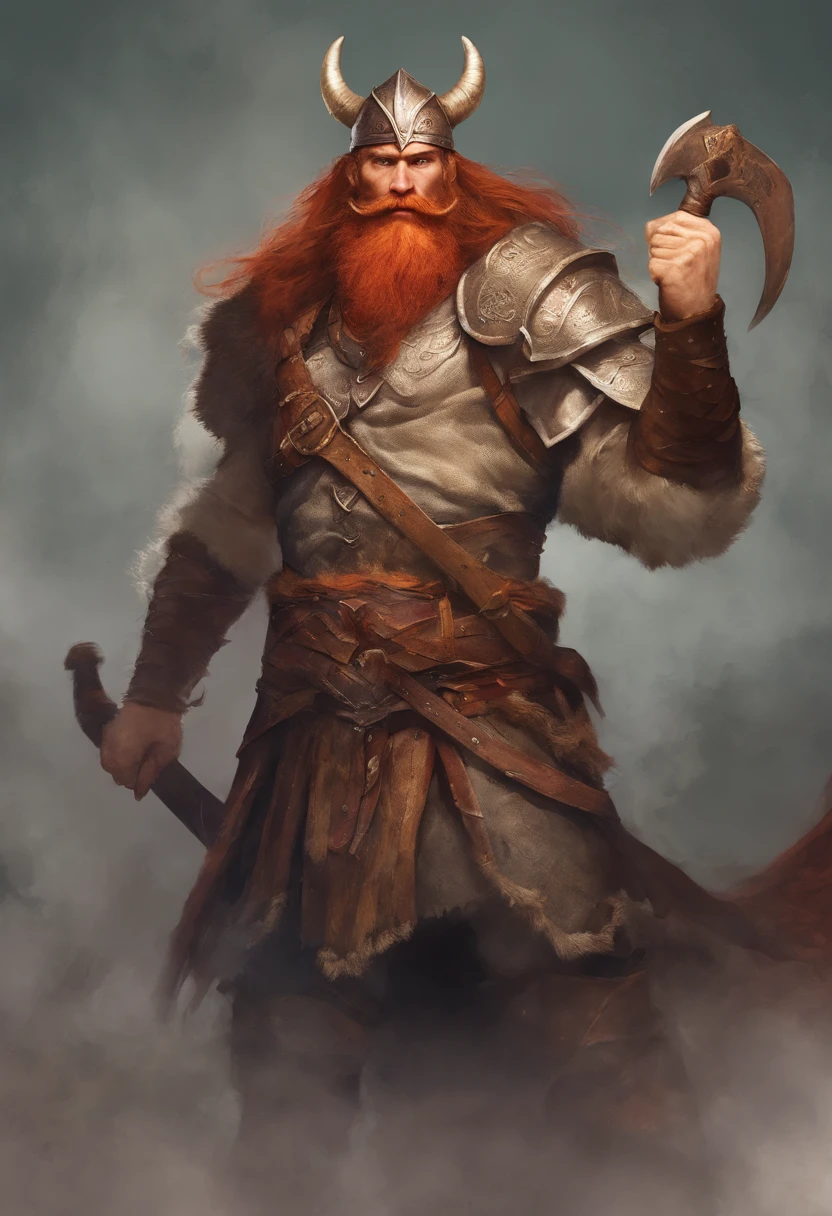 Homem viking alto, armadura detalhada, couro velho gravado Cuirass, projetos intrincados no Cuirass, intrincadas gravuras de Cuirass, postura imponente e poderosa, fierce expression, Red wild mane braided hair and beard, dynamic pose, Intensa cena de batalha, fantasy scenery, cores vibrantes, dramatic lighting, epic atmosphere, Mythical creatures in the background, Espada e escudo viking,  attention to facial ??????? and features, Iconic use of highlights and shadows, Capturing emotion, masterful composition