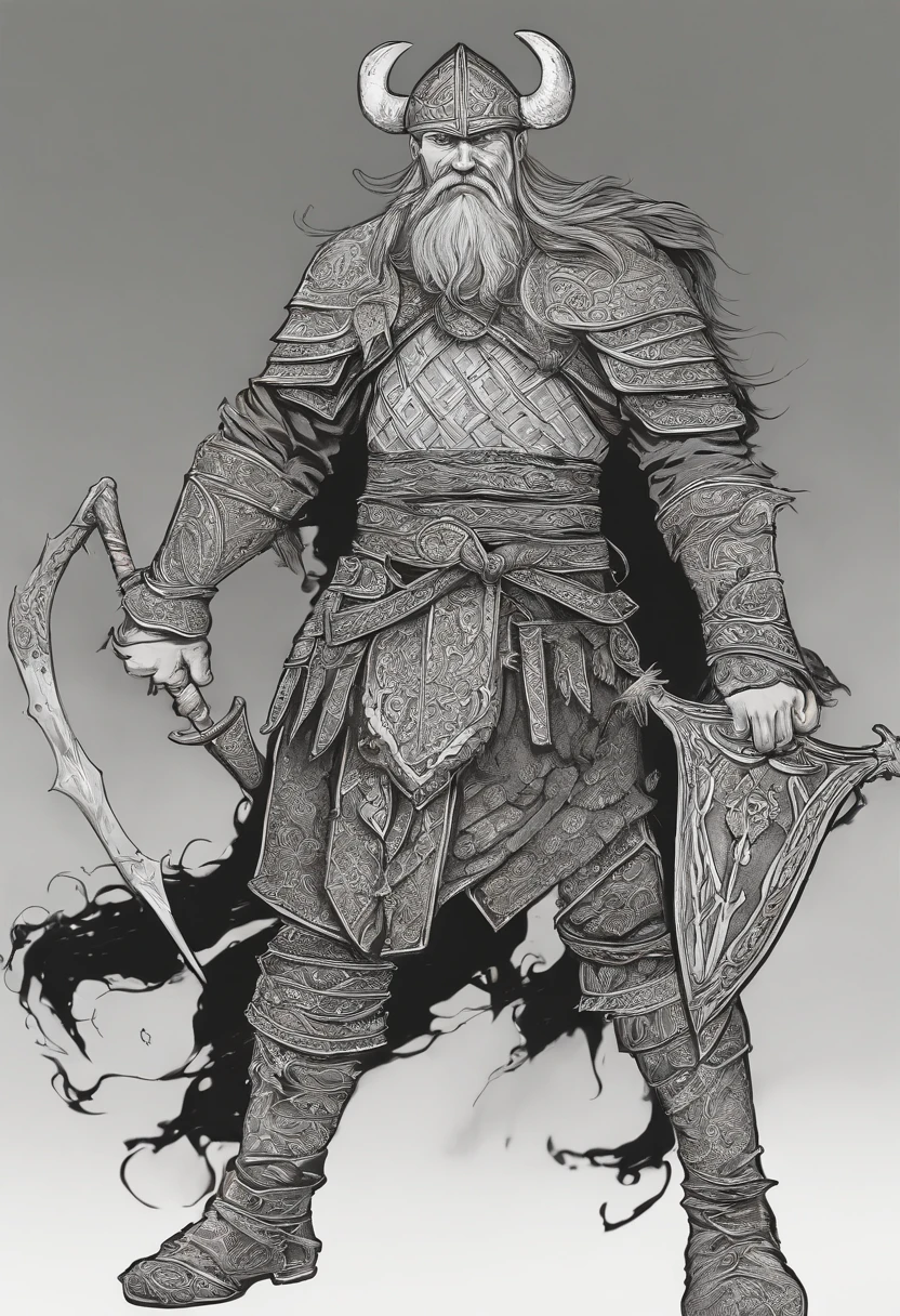 Homem viking alto, armadura detalhada, couro velho gravado Cuirass, projetos intrincados no Cuirass, intrincadas gravuras de Cuirass, postura imponente e poderosa, fierce expression, Red wild mane braided hair and beard, dynamic pose, Intensa cena de batalha, fantasy scenery, cores vibrantes, dramatic lighting, epic atmosphere, Mythical creatures in the background, Espada e escudo viking, attention to facial anatomy and features, Iconic use of highlights and shadows, Capturing emotion, masterful composition