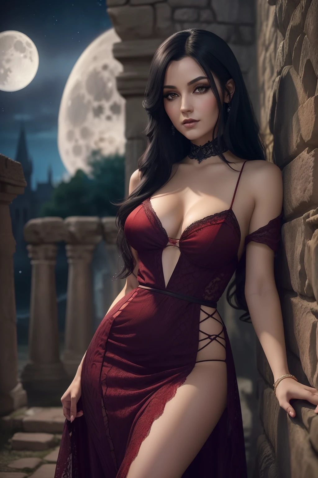 A Pretty Rogue with
Long black hair and captivating eyes and slightly reddish lips ((long red dress))and fluid with lacy detailsConfident and seductive pose, holding a fanNight scenery in an ancient Gothic castle, with the full moon in the sky