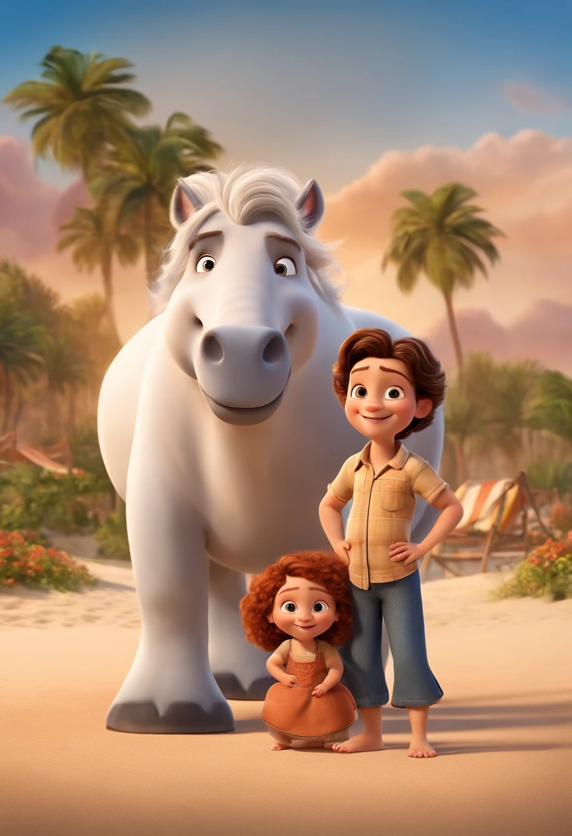 a Disney Pixar movie poster showing a white-skinned family. The father is the tallest, Tem barba curta, loiro, cabelos curtos e espinhosos. The mother has brown eyes and hair, shoulder-length and is slightly overweight. A menina tem 4 anos e cabelos castanhos, roupa rosa e rabos de cavalo. The background is a beach garden. 3D-rendering