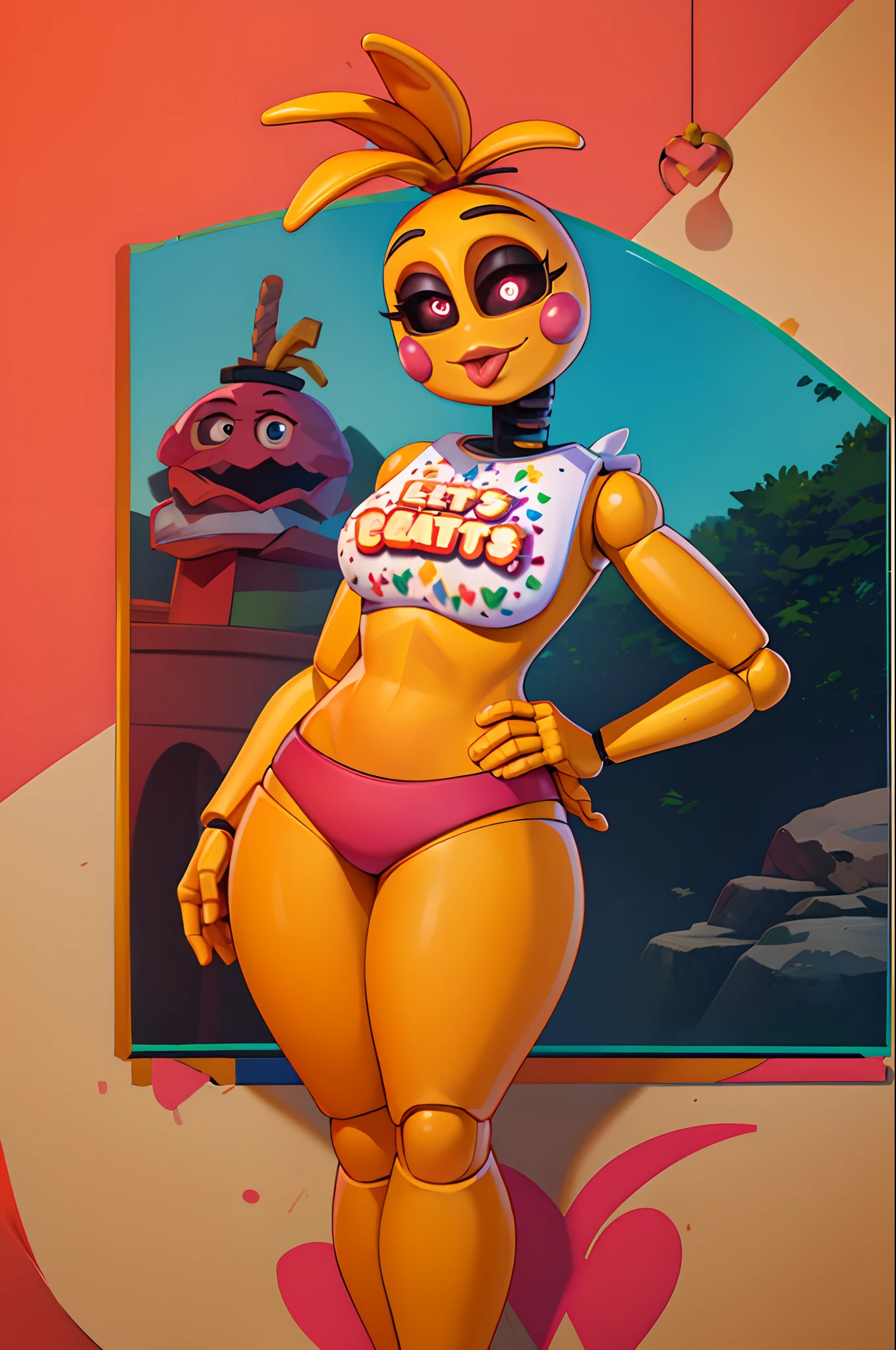 (obra-prima, melhor qualidade: 1.2), ToyChica, 1girl, solo, adesivos de blush, calcinha, cueca, calcinha rosa, seios, crop top, Heart, pele colorida, camisa, pele amarela, symbol-shaped pupils, heart-shaped shaped pupils, olhos negros, seios grandes, Joints, colarinho, standingn, roupas escritas, esclera colorida, cabelo de antena, camisa branca, lateral, tronco cortado, aconchego, dentro de casa, sexy, tongue out, teasing,