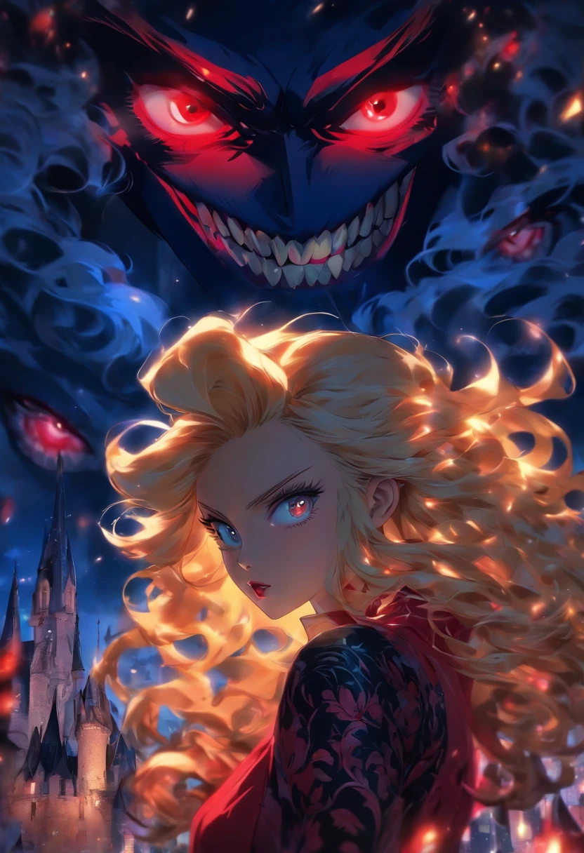 Masterpiece, Highest quality, (solofocus), (Perfect face:1.1), (High detail:1.1), (hyper detail eyes), Dramatic, 1人, (Pale skin), Long blonde hair, (Red iris), Individual focus, Vampire, Long hair, Moon, Night, Red luxury suit, pouty lips, Castle, Detailed background, Art germ, Cinematic lighting, Red roses, Fashion
