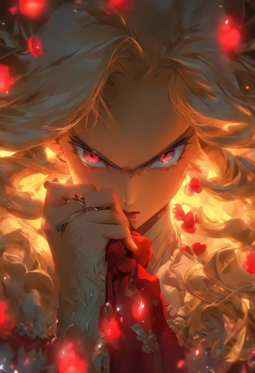 Masterpiece, Highest quality, (solofocus), (Perfect face:1.1), (High detail:1.1), (hyper detail eyes), Dramatic, 1人, (Pale skin), Long blonde hair, (Red iris), Individual focus, Vampire, Long hair, Moon, Night, Red luxury suit, pouty lips, Castle, Detailed background, Art germ, Cinematic lighting, Red roses, Fashion
