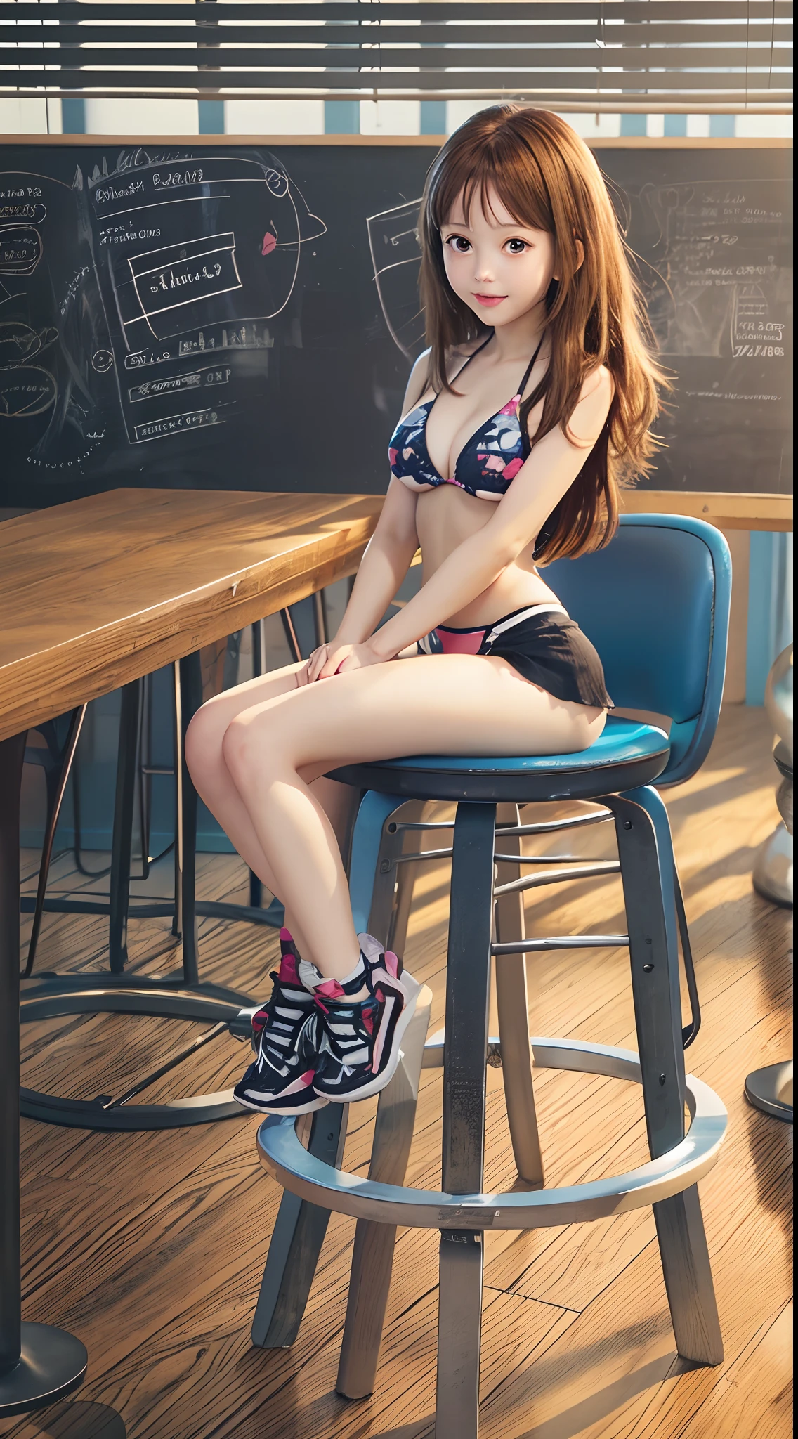 Photorealistic of Ochako Uraraka in bikini seat on a bar stool in a class, modern high tech classroom,