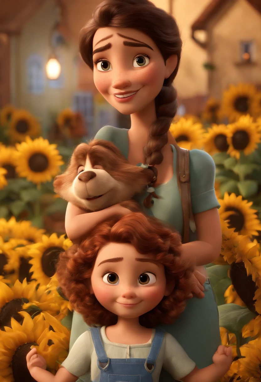 Create a Disney PIXAR-style 3D poster. ((Imaging center 3 children)) ((1 menina no meio e 2 meninas ao lado, They're hugging each other, 1 menina tem pele branca e cabelos castanhos escuros e olhos castanhos escuros, 1 menina de 2 anos tem pele clara, medium and wavy brown eyes and hair, e a outra menina tem pele branca, olhos azuis e cabelos escuros e lisos)) O pai tem pele branca, barba, e alto e com estatura forte, Mommy's got brunette fur, cabelo preto ondulado ((tudo isso no estilo Disney PIXAR 3D, In the background, A house of sunflowers, Gloria Studio, The garden is full of nature 3D render RTX clay material, estilo de design cartunesco, POP Mart, soft lighting, linhas suaves, Spring tilt, Detailed illustrations of PIXAR 3D, Detalhes hiper-realistas, cor quente no estilo Disney PIXAR 3D))