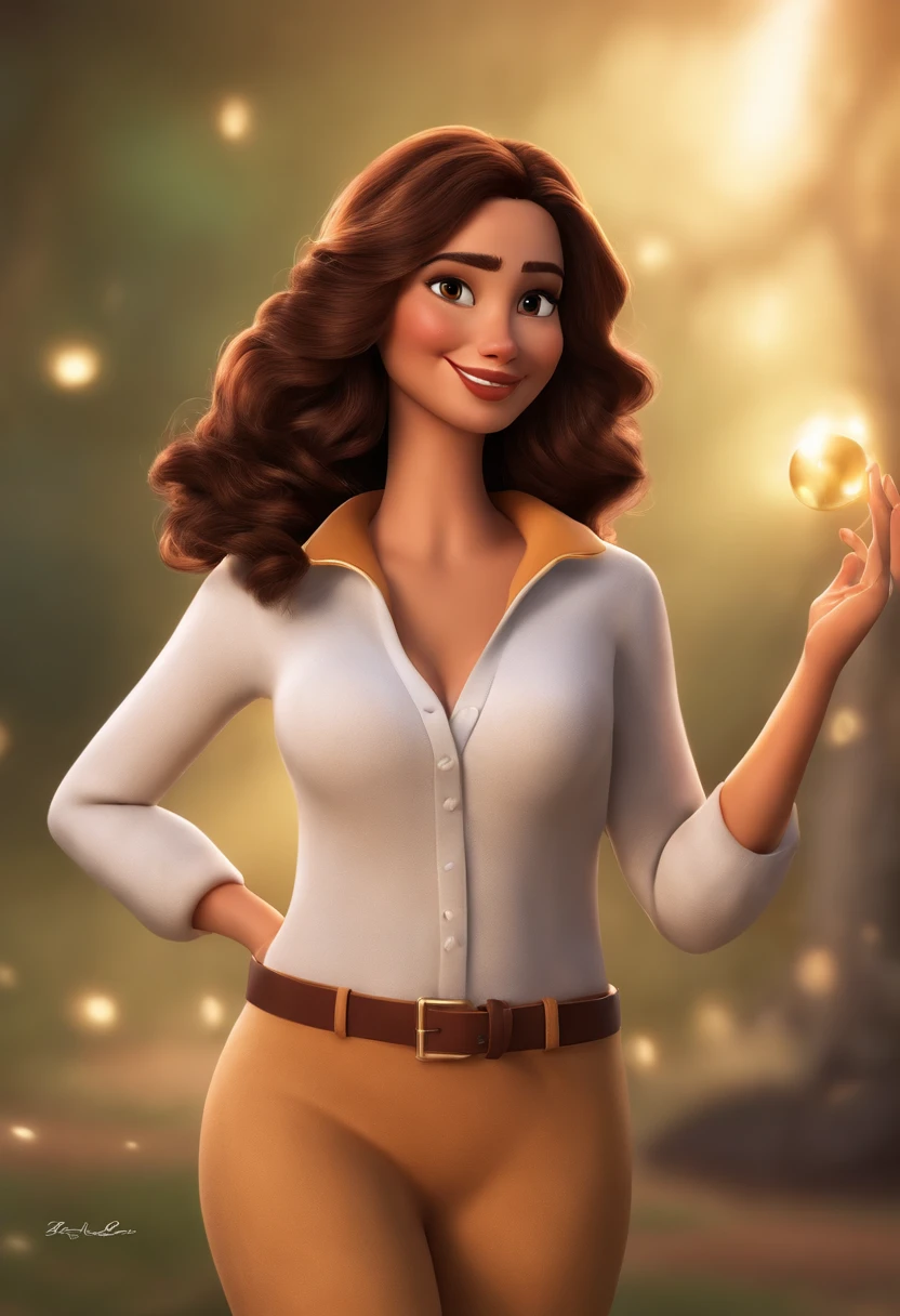 Imagem estilo Pixar com caractere 3D, mulher morena, cabelos castanhos longos , Dark brown eyes dancing, Maquiagem Disney,Pescador, bonitinho, sorridente ,Close-up, Pixar, Disney, Cinema lighting, surgical pajama dress, with surgical forceps in each hand