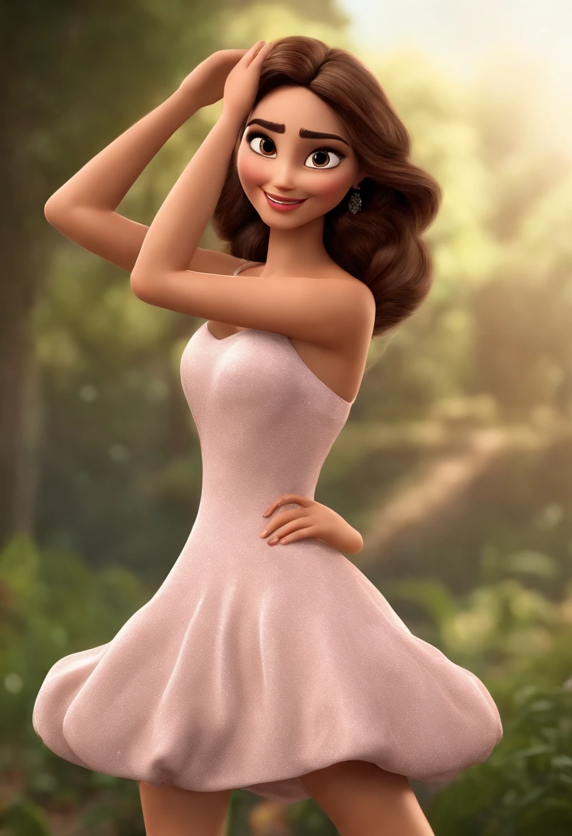Imagem estilo Pixar com caractere 3D, mulher morena, cabelos castanhos longos , Dark brown eyes dancing, Maquiagem Disney,Pescador, bonitinho, sorridente ,Close-up, Pixar, Disney, Cinema lighting, surgical pajama dress, with surgical forceps in each hand
