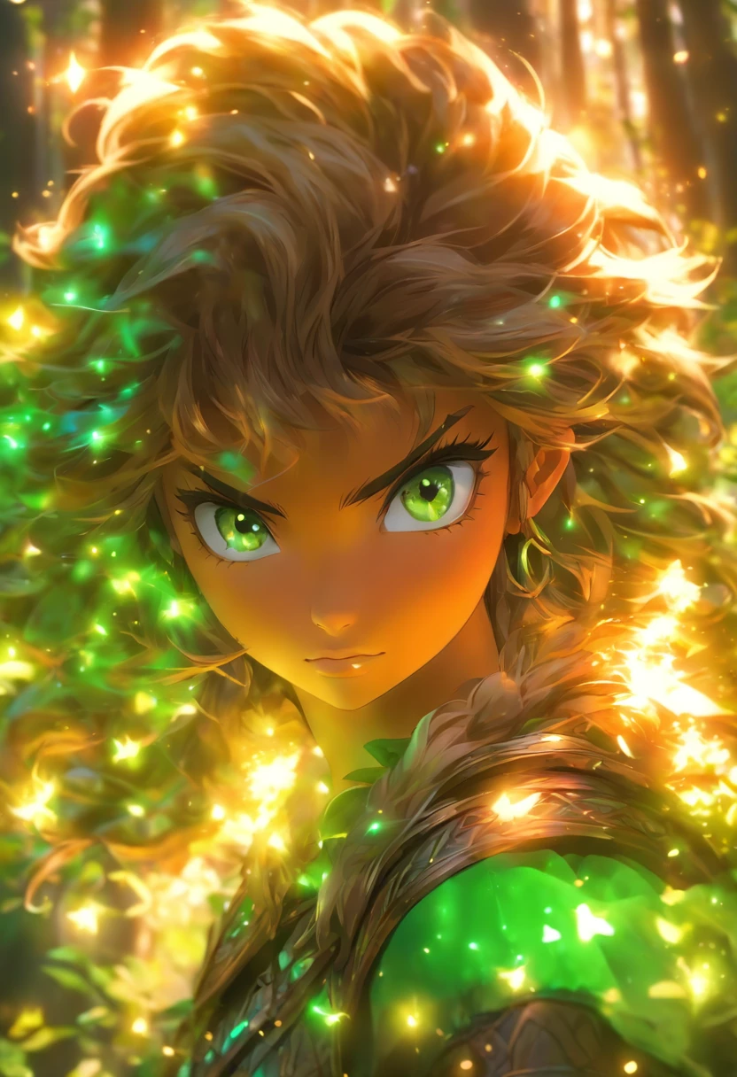 Dark skin, Beautiful young woman in detail, Reddish-blond brown hair, Long, Waves and messy hair, Perfect green eyes for detention, Delicate symmetry realistic beautiful face, (Enchanted forest background), Ranger costume leather armor, Fairy, Wildflowers blend into the hair, full bodyesbian, Masterpiece, absurderes,finedetail, Rich colors, Dramatic lighting, Extremely detailed, Cinematic lighting