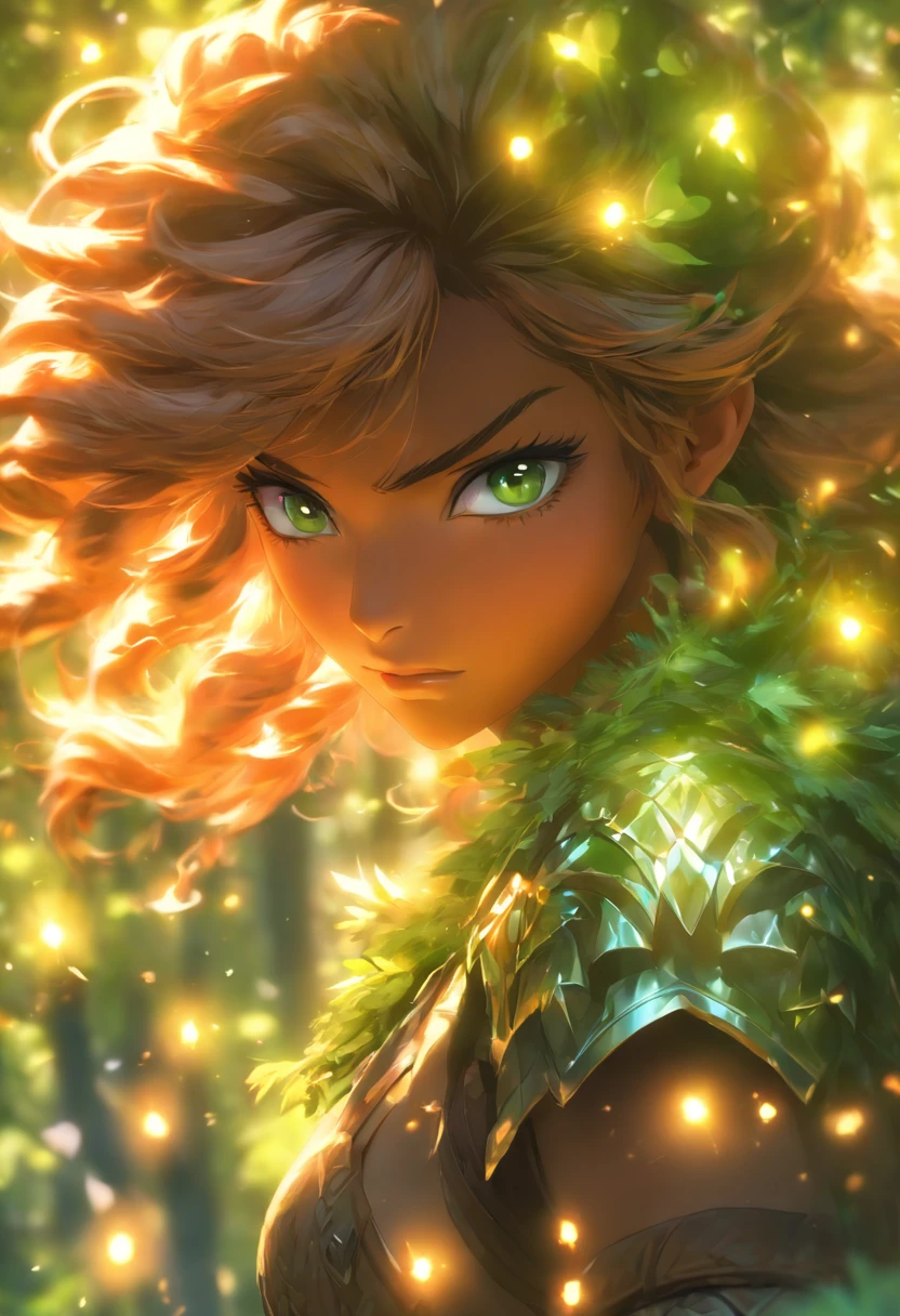 Dark skin, Beautiful young woman in detail, Reddish-blond brown hair, Long, Waves and messy hair, Perfect green eyes for detention, Delicate symmetry realistic beautiful face, (Enchanted forest background),  Ranger costume leather armor, Fairy, Wildflowers blend into the hair, full bodyesbian, Masterpiece, absurderes,finedetail, Rich colors, Dramatic lighting, Extremely detailed, Cinematic lighting
